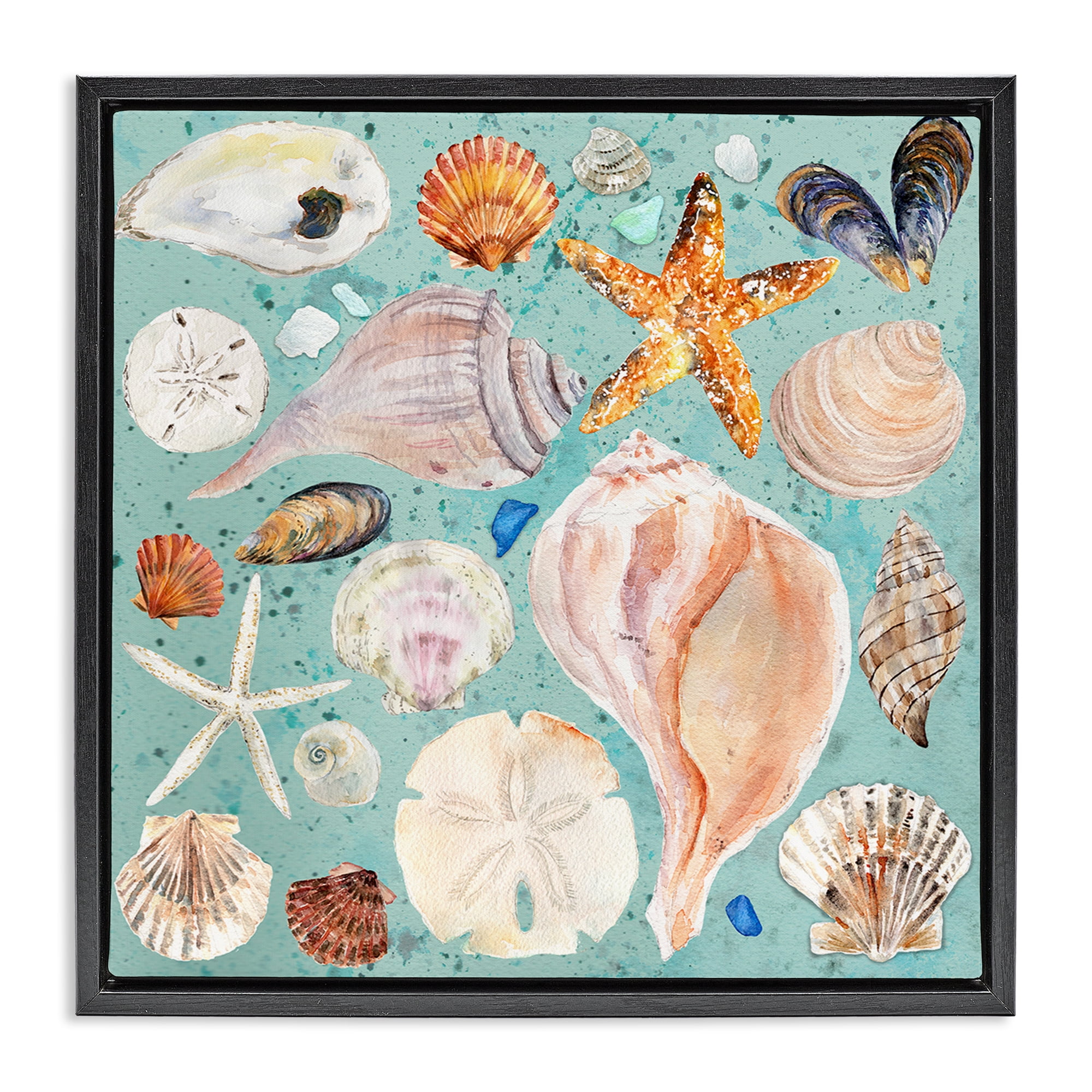 Stupell Industries Seashell Puzzle Pattern Coastal Painting Black Floater Framed Canvas Art Print Wall Art, 18 x 18