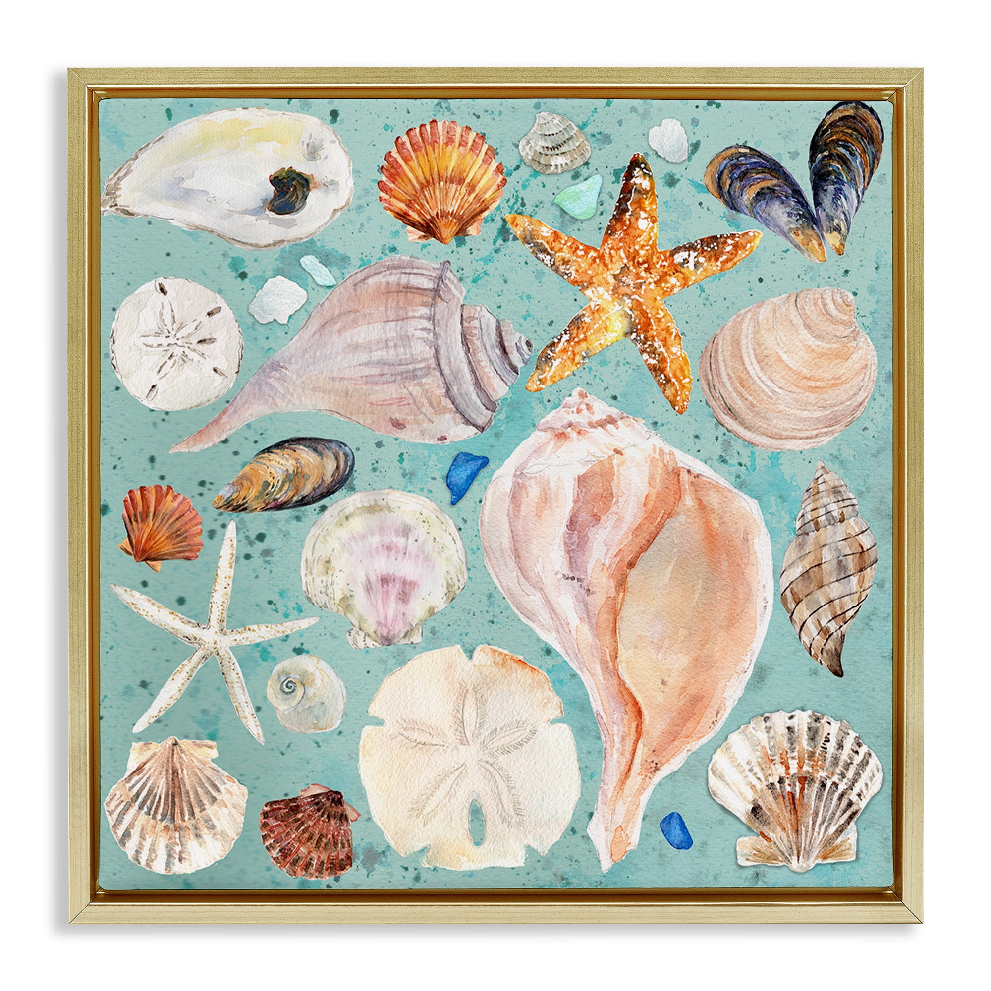 Stupell Industries Seashell Puzzle Pattern Coastal Painting Gold Floater Framed Canvas Art Print Wall Art, 25 x 25