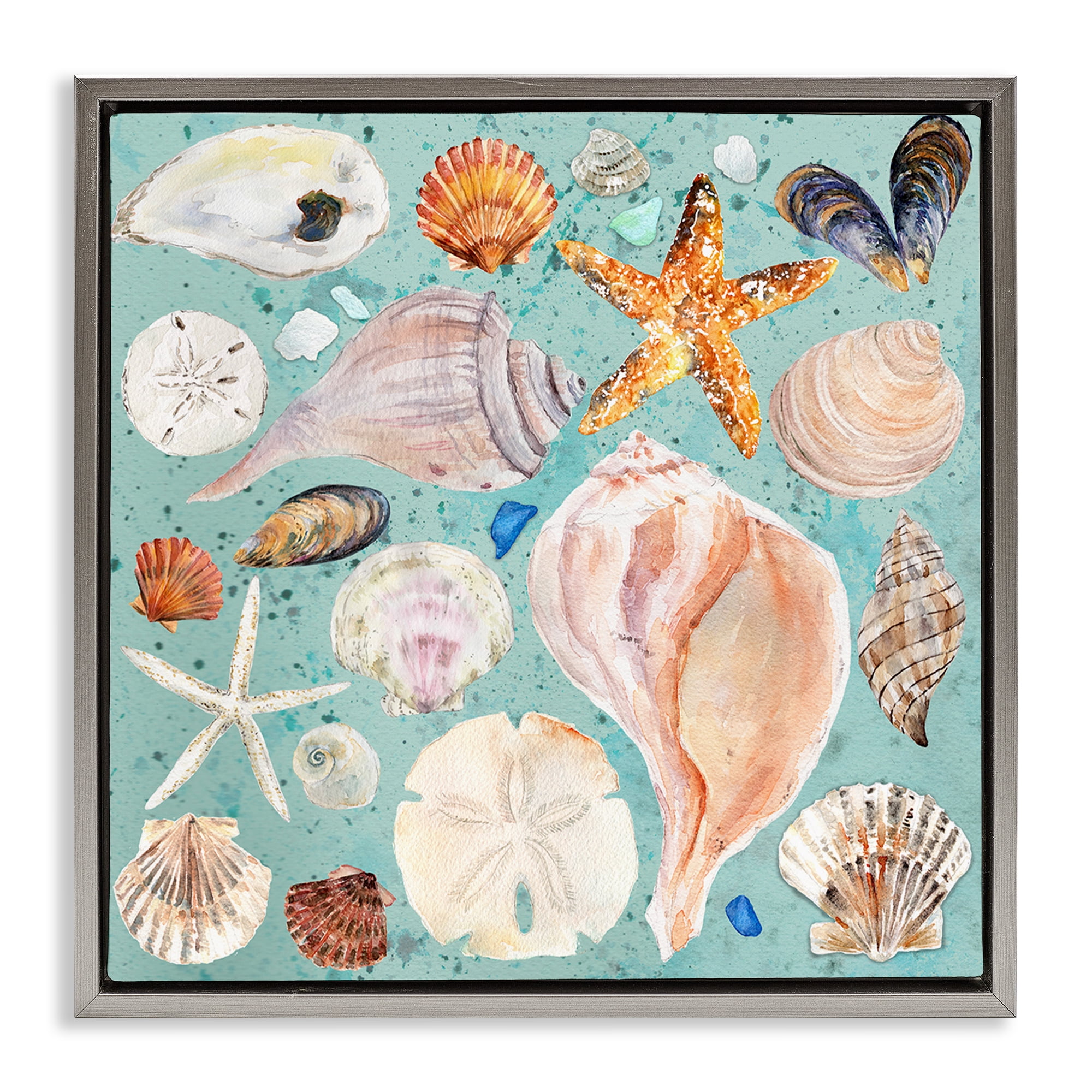 Stupell Industries Seashell Puzzle Pattern Coastal Painting Gray Floater Framed Canvas Art Print Wall Art, 25 x 25