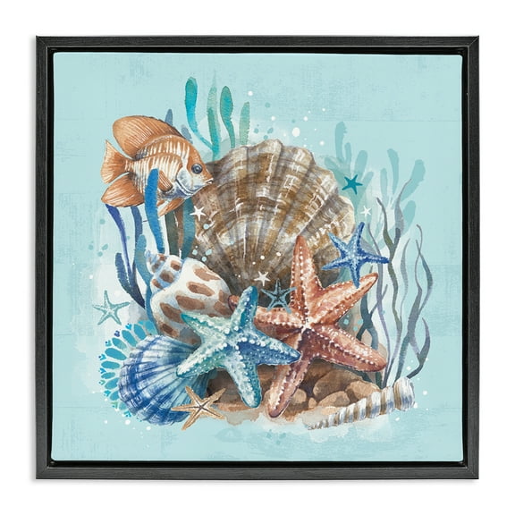 Stupell Industries Seashell Still Life Coastal Painting Black Floater Framed Canvas Art Print Wall Art, 18 x 18
