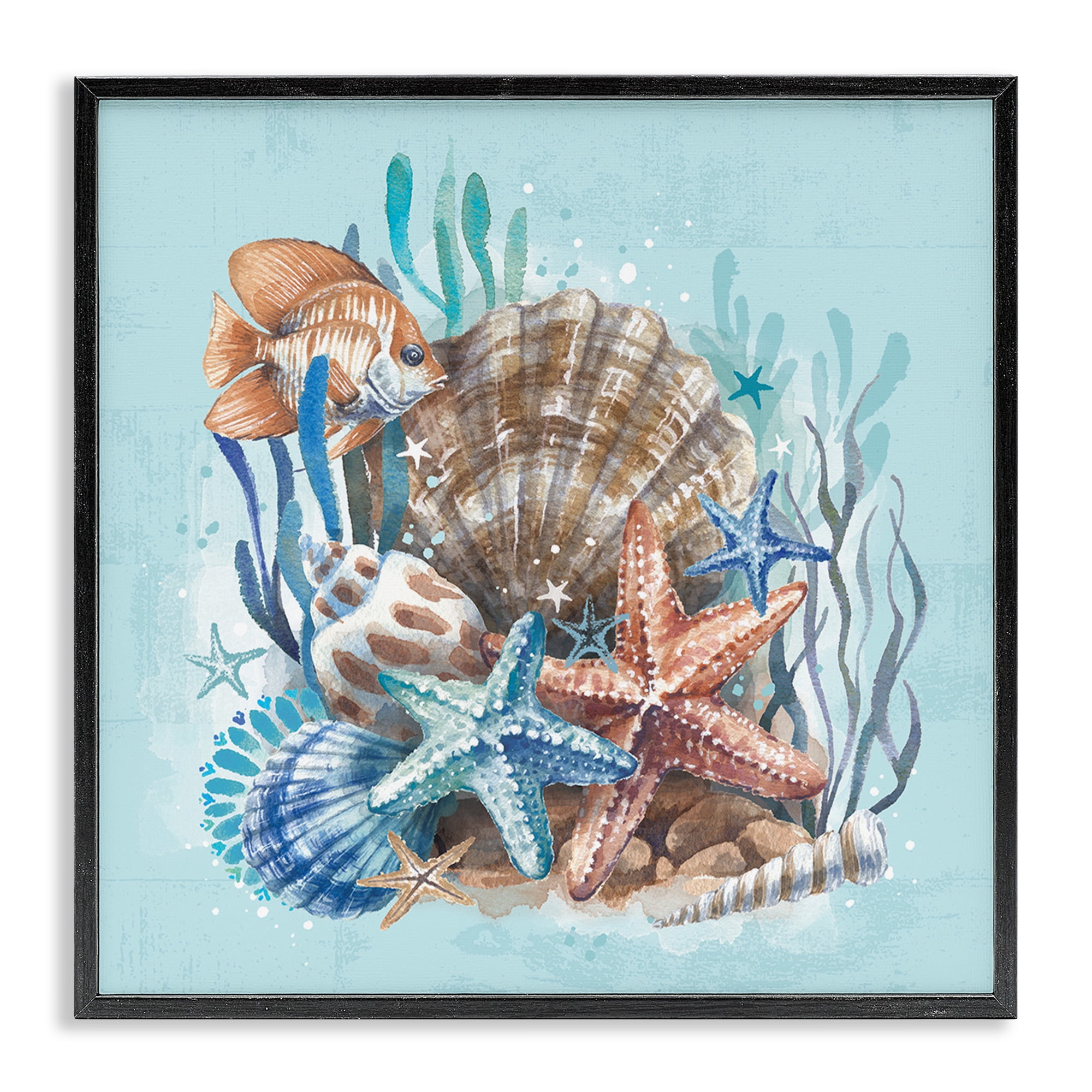 Stupell Industries Seashell Still Life Coastal Painting Black Framed Art Print Wall Art, 17 x 17
