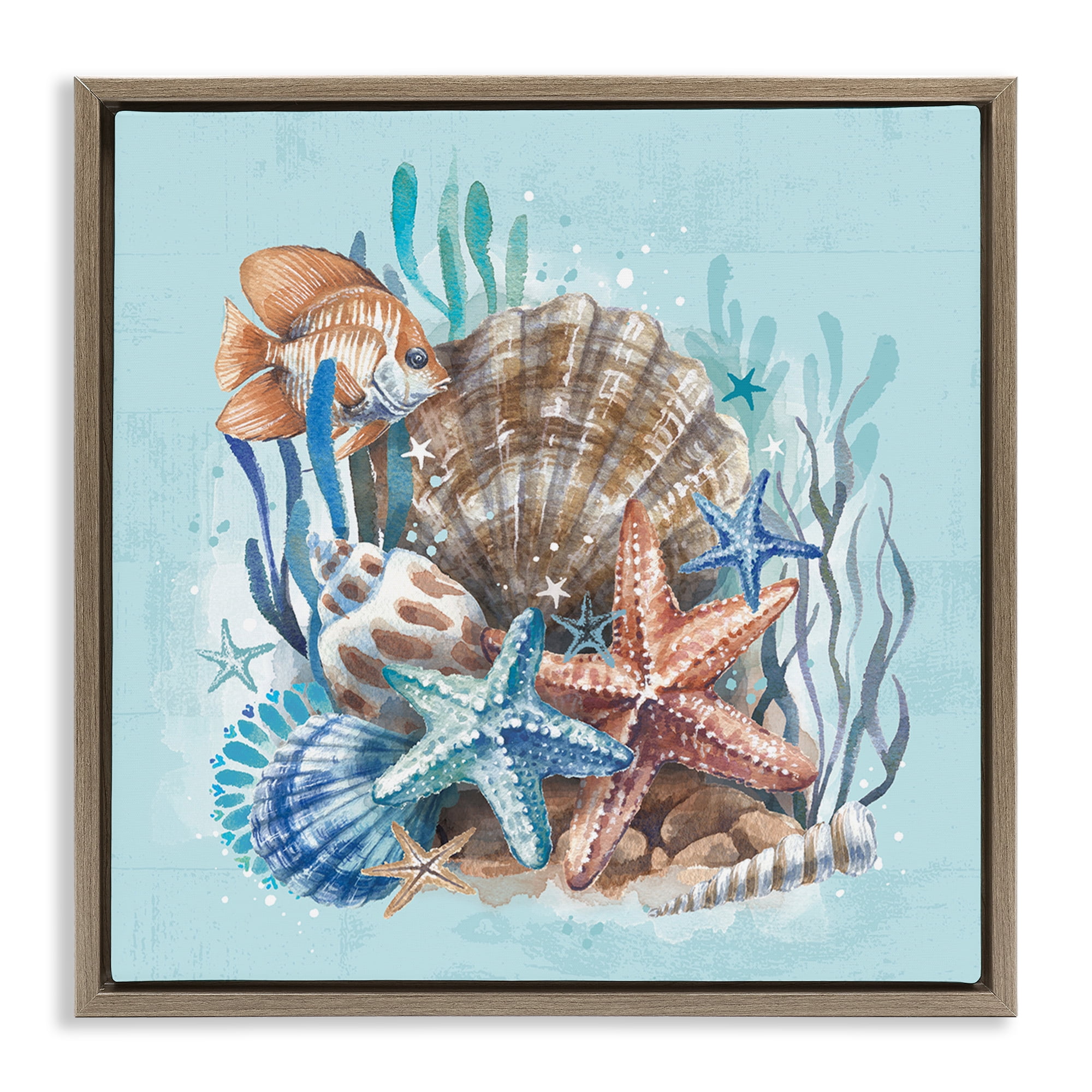 Stupell Industries Seashell Still Life Coastal Painting Brown Floater Framed Canvas Art Print Wall Art, 25 x 25
