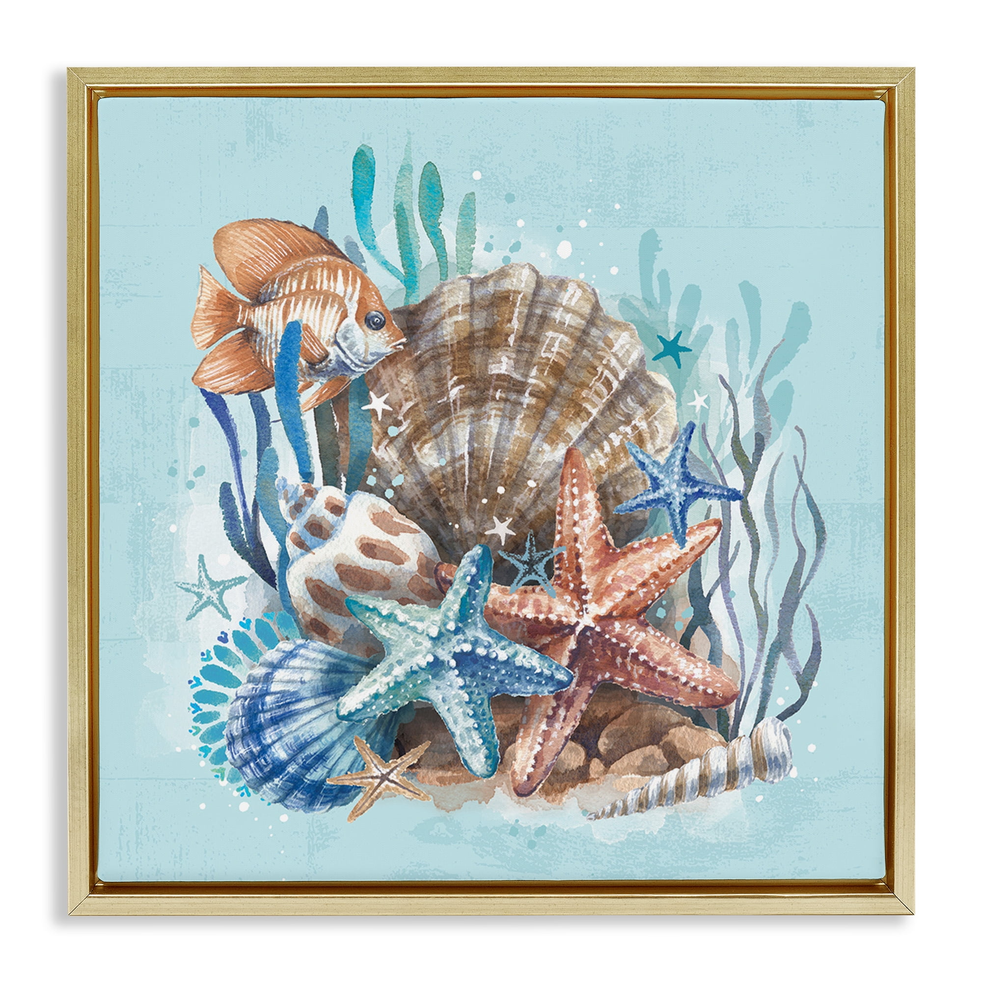 Stupell Industries Seashell Still Life Coastal Painting Gold Floater Framed Canvas Art Print Wall Art, 25 x 25