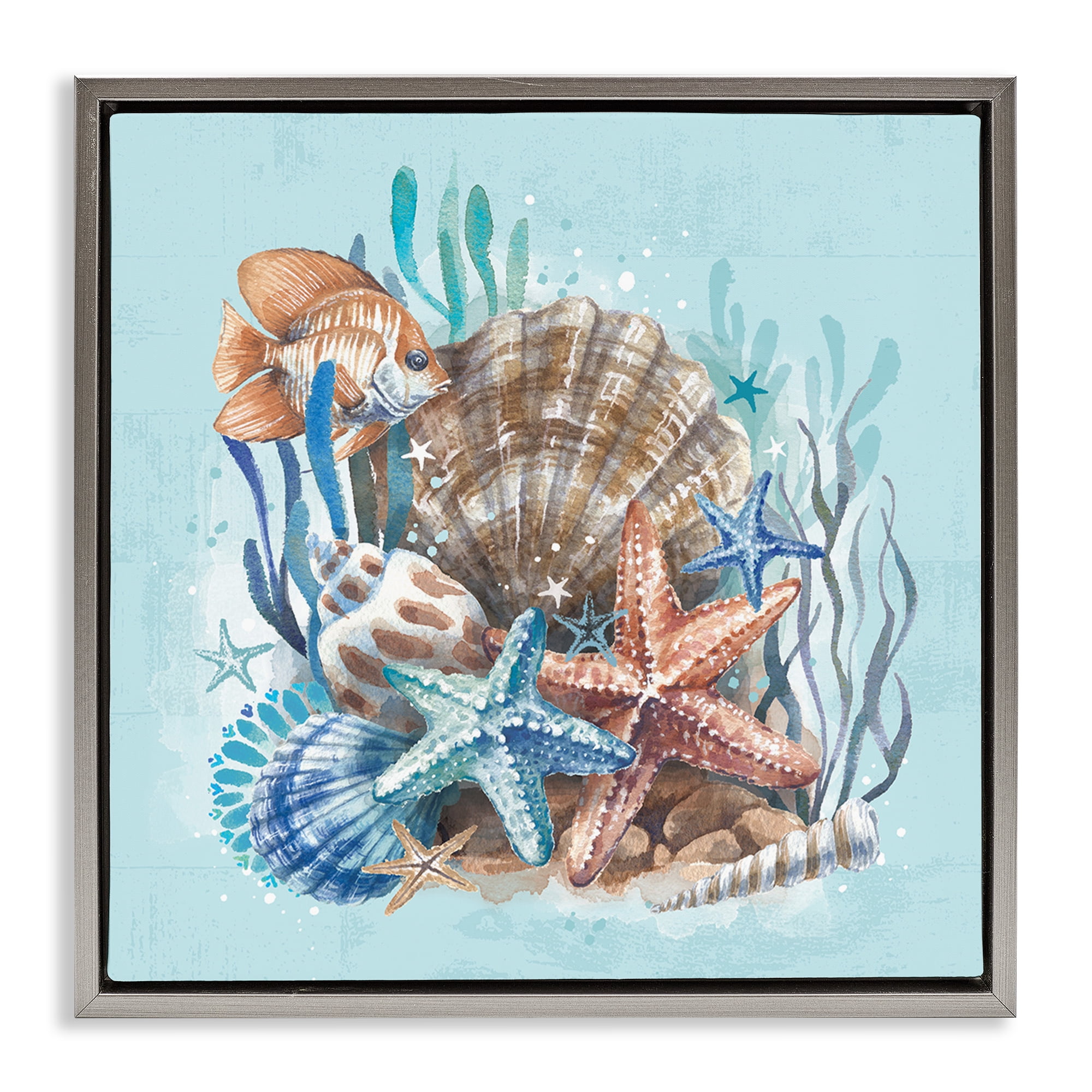Stupell Industries Seashell Still Life Coastal Painting Gray Floater Framed Canvas Art Print Wall Art, 18 x 18
