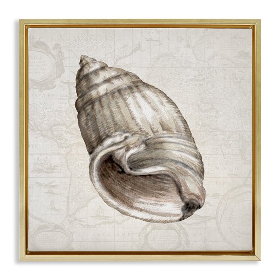 Stupell Industries Seashell over Vintage Map Animals Painting Gold Floater Framed Canvas Art Print Wall Art, 18 x 18