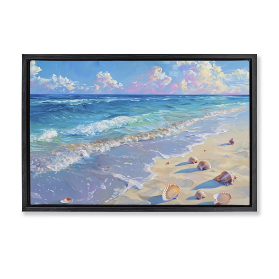 Stupell Industries Seashells Along Sea Shore Landscape & Nature Painting Black Floater Framed Canvas Art Print Wall Art, 31 x 21