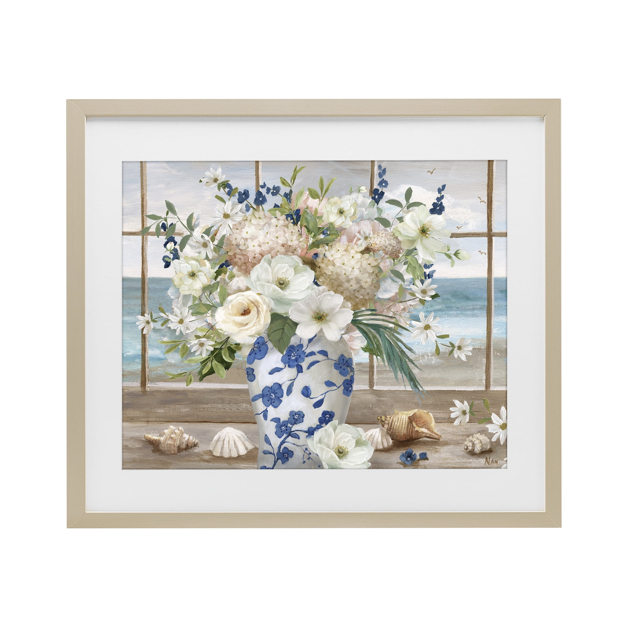 Stupell Industries Seashells & Flowers Windowsill Birch Framed Print Under Glass, design by Nan