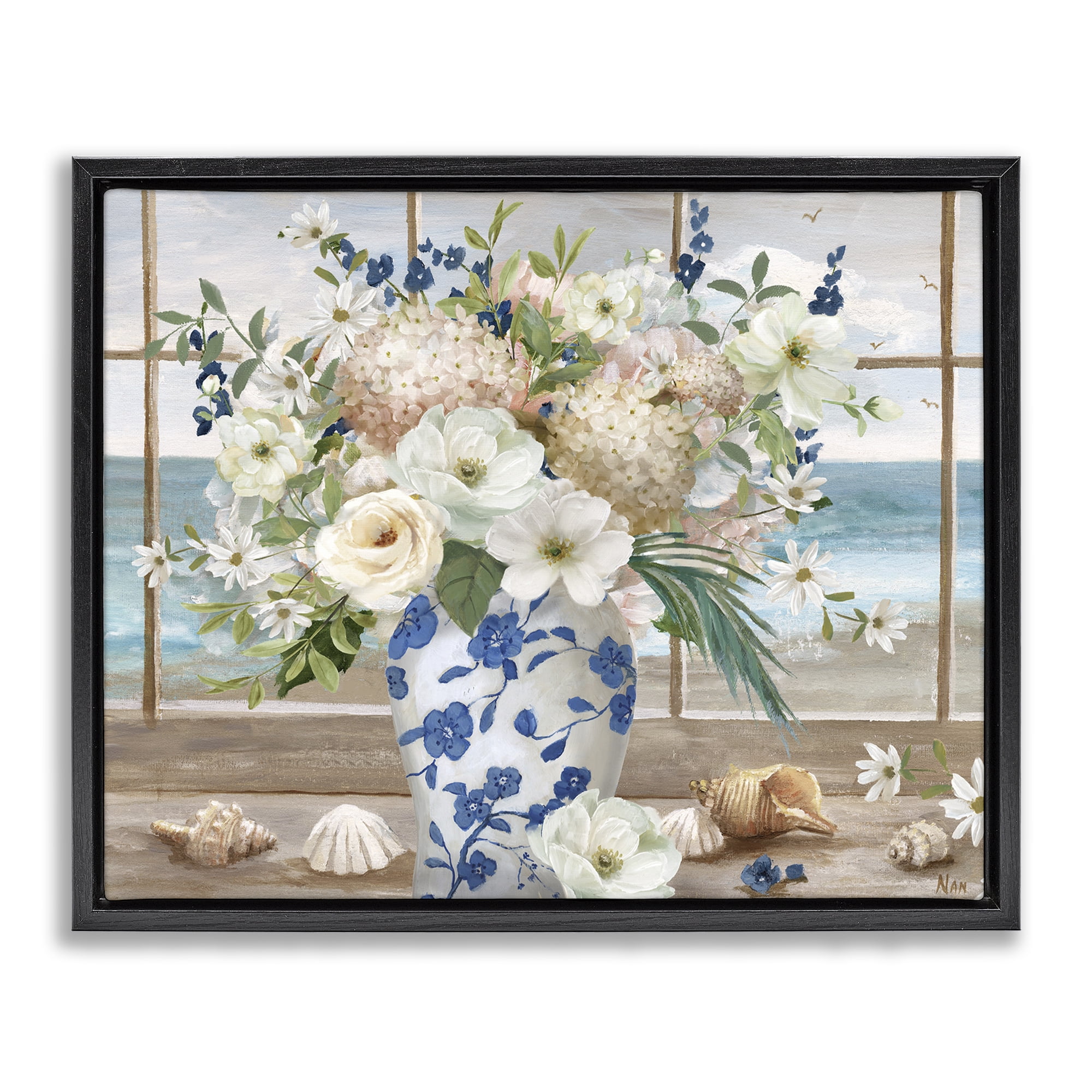 Stupell Industries Seashells & Flowers Windowsill Black Framed Floater Canvas Wall Art, design by Nan