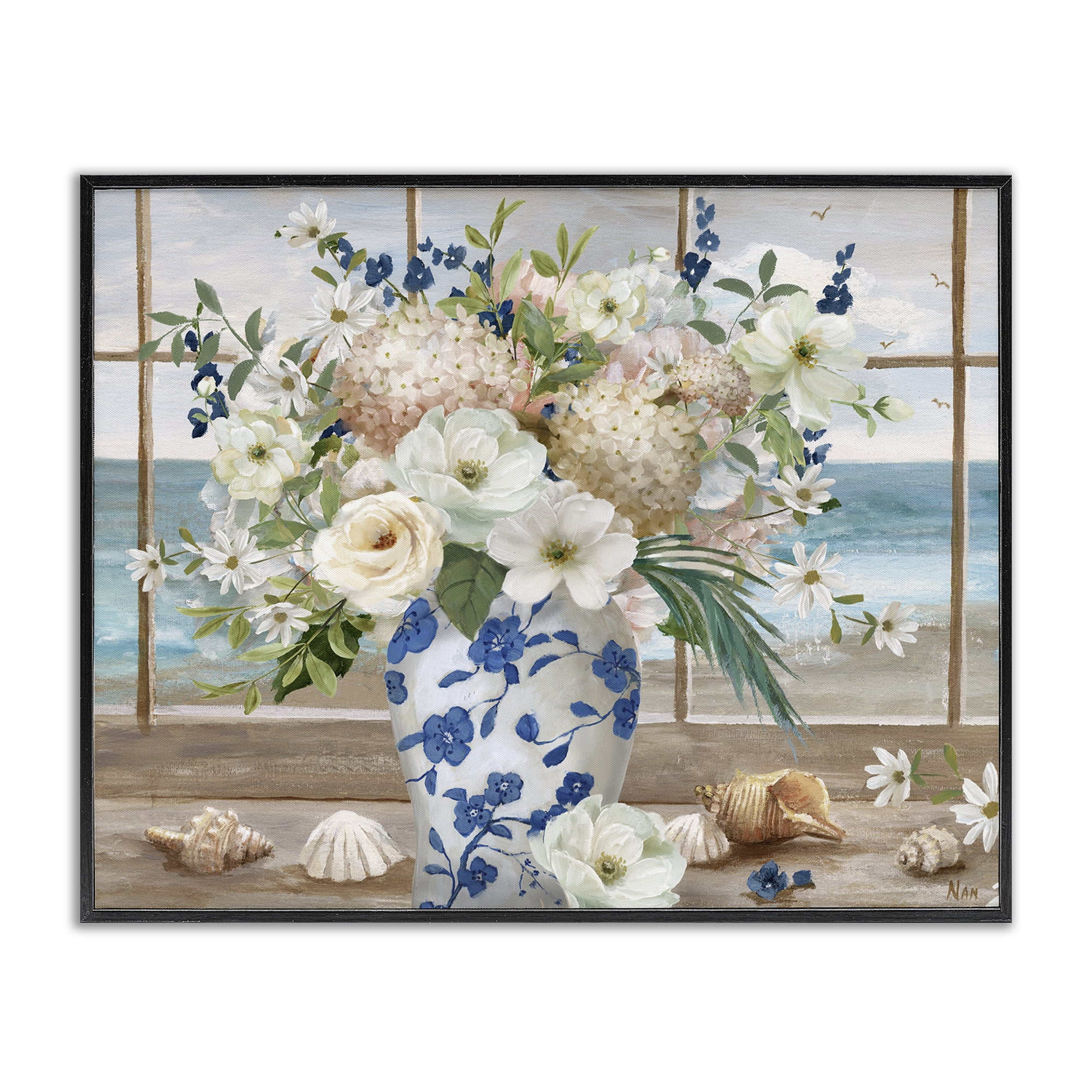 Stupell Industries Seashells & Flowers Windowsill Black Framed Giclee Art, design by Nan