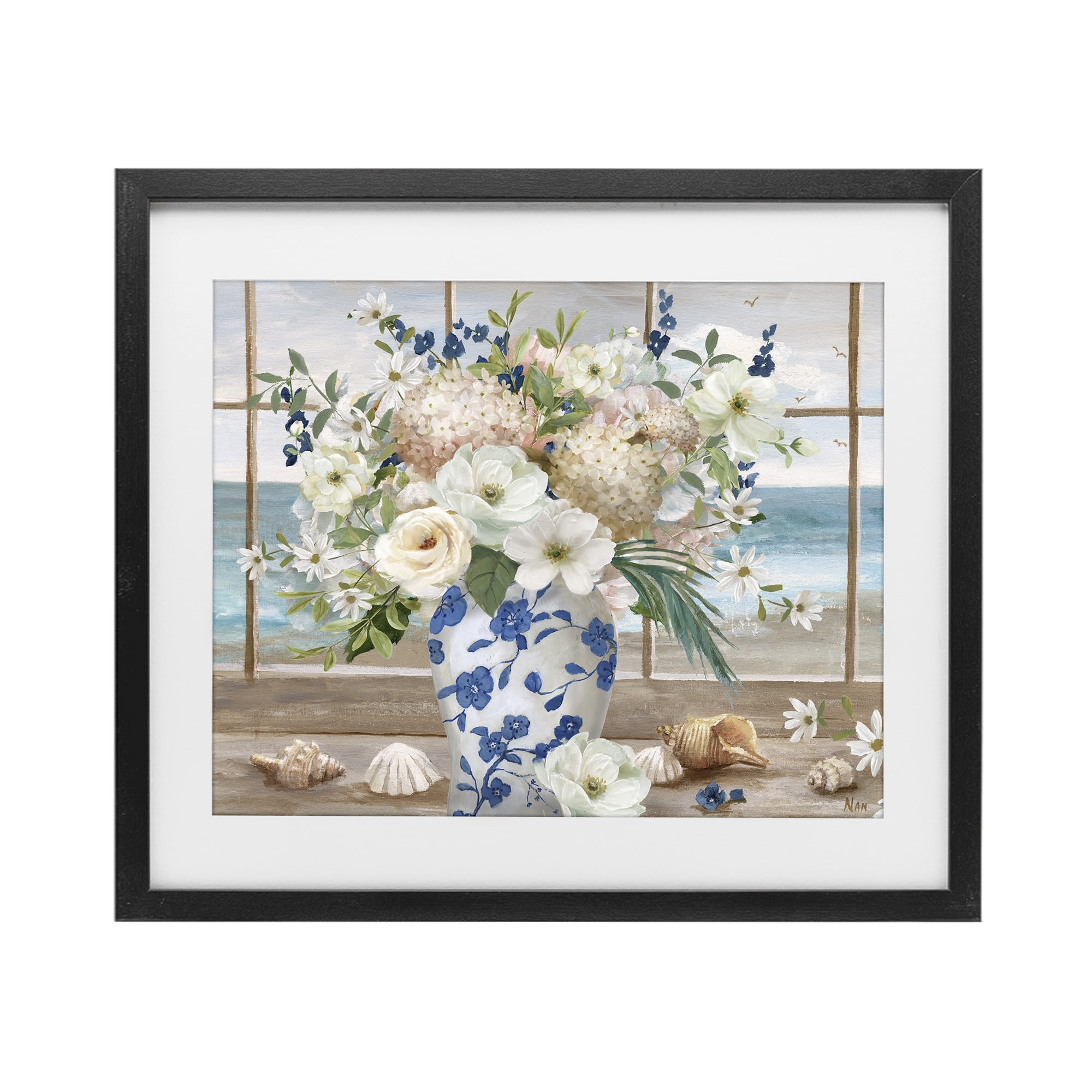 Stupell Industries Seashells & Flowers Windowsill Black Framed Print Under Glass, design by Nan