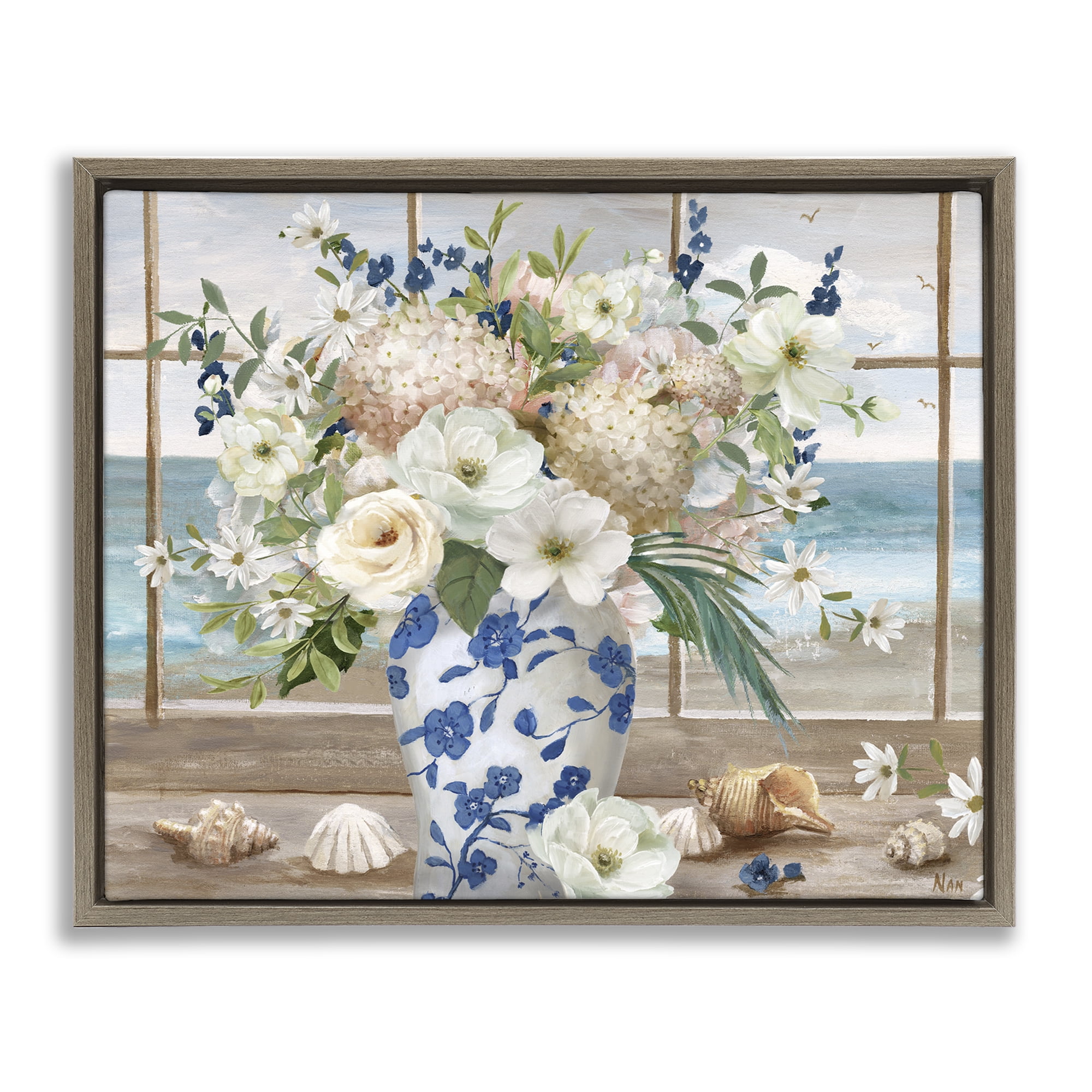 Stupell Industries Seashells & Flowers Windowsill Brown Framed Floater Canvas Wall Art, design by Nan
