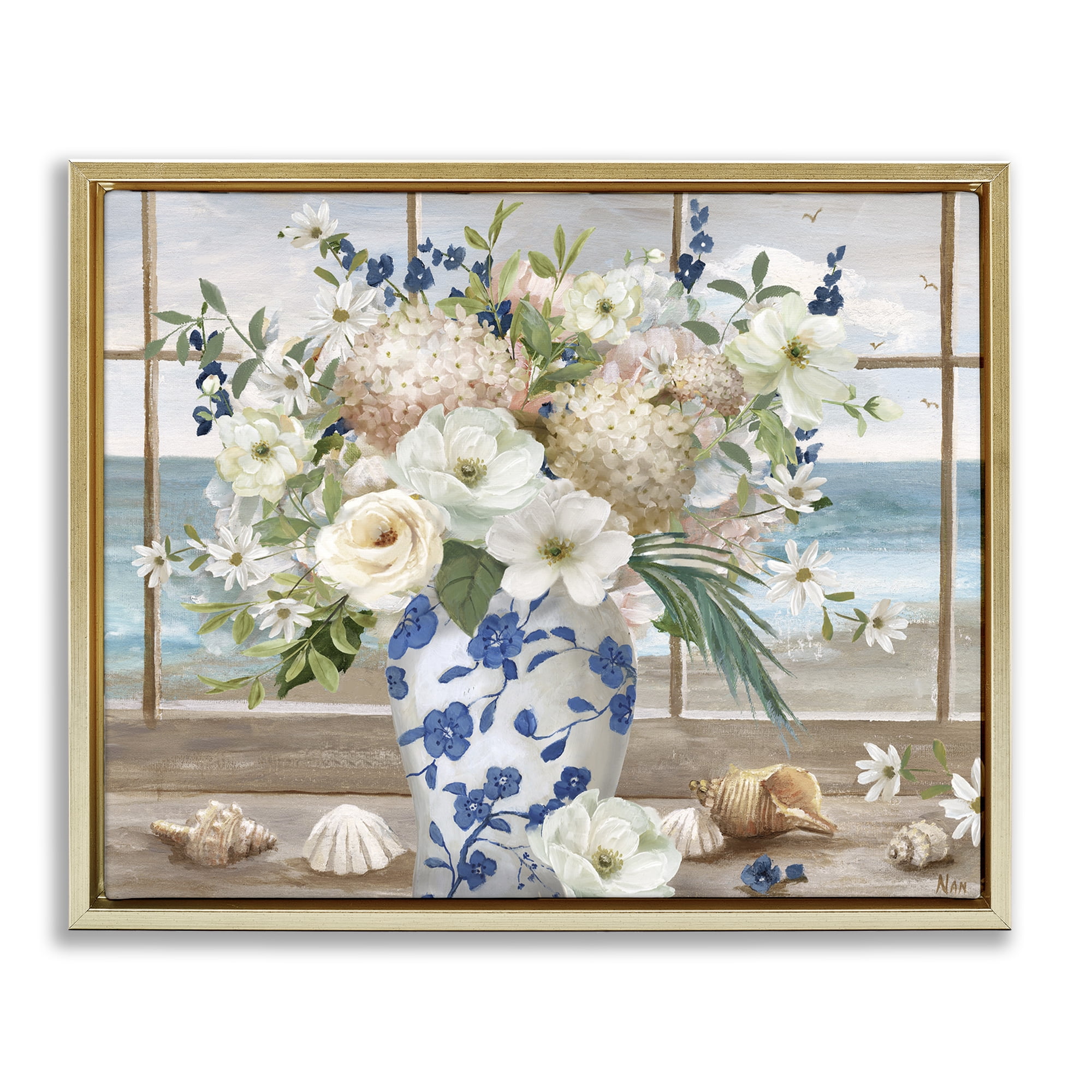Stupell Industries Seashells & Flowers Windowsill Gold Framed Floater Canvas Wall Art, design by Nan
