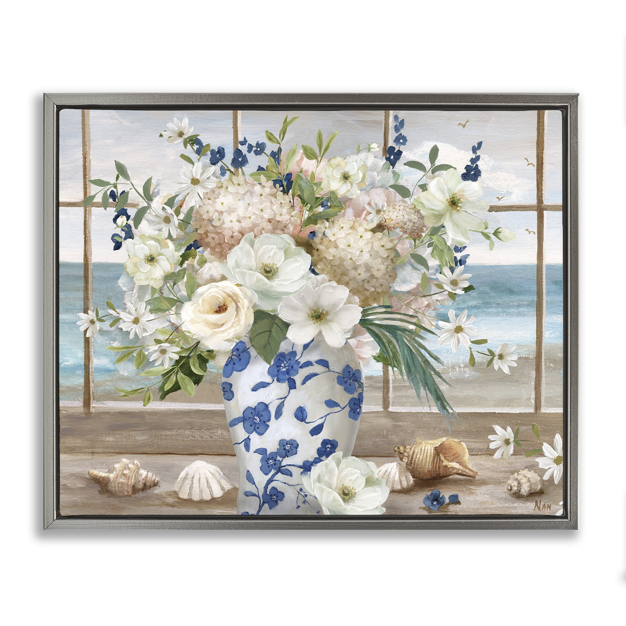 Stupell Industries Seashells & Flowers Windowsill Gray Framed Floater Canvas Wall Art, design by Nan