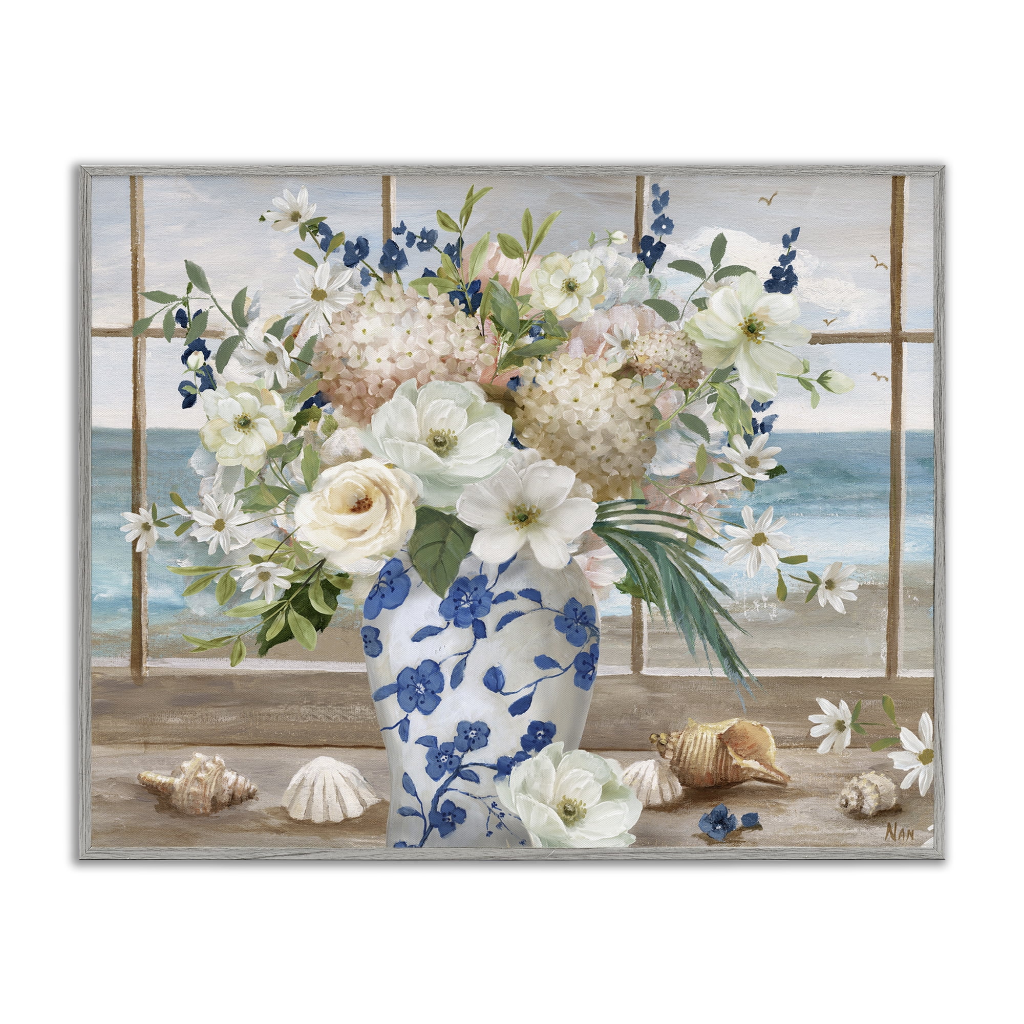 Stupell Industries Seashells & Flowers Windowsill Gray Framed Giclee Art, design by Nan