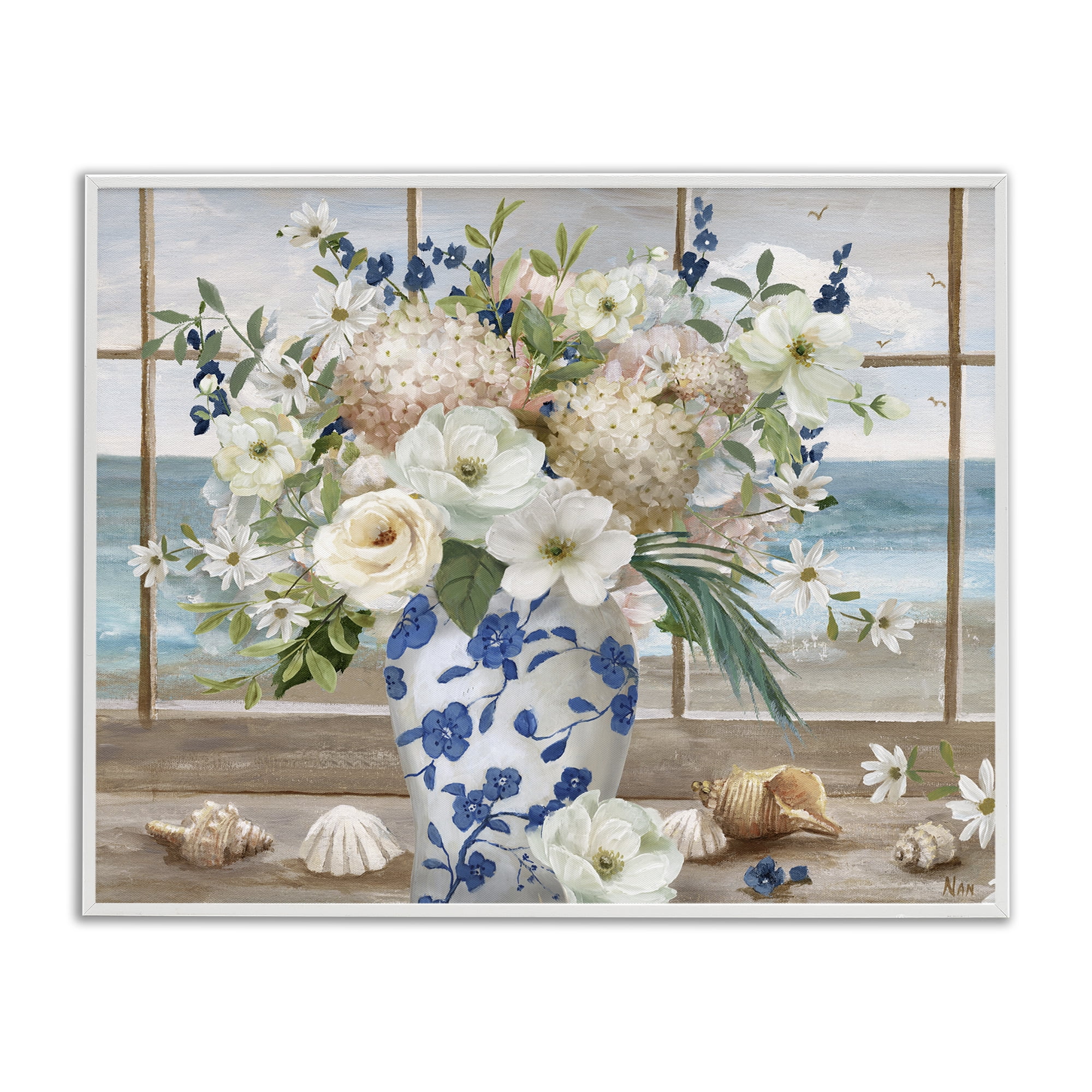 Stupell Industries Seashells & Flowers Windowsill White Framed Giclee Art, design by Nan
