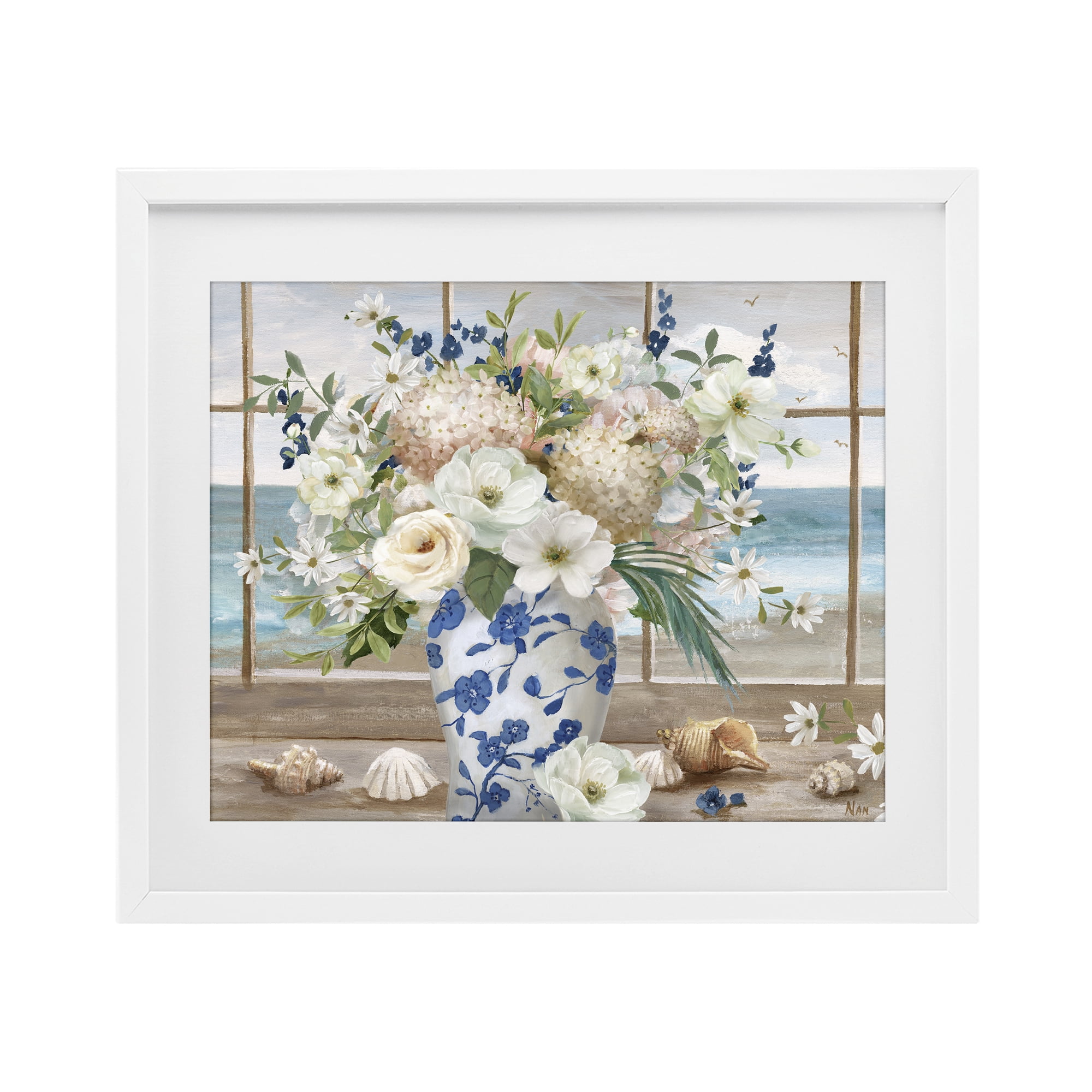 Stupell Industries Seashells & Flowers Windowsill White Framed Print Under Glass, design by Nan