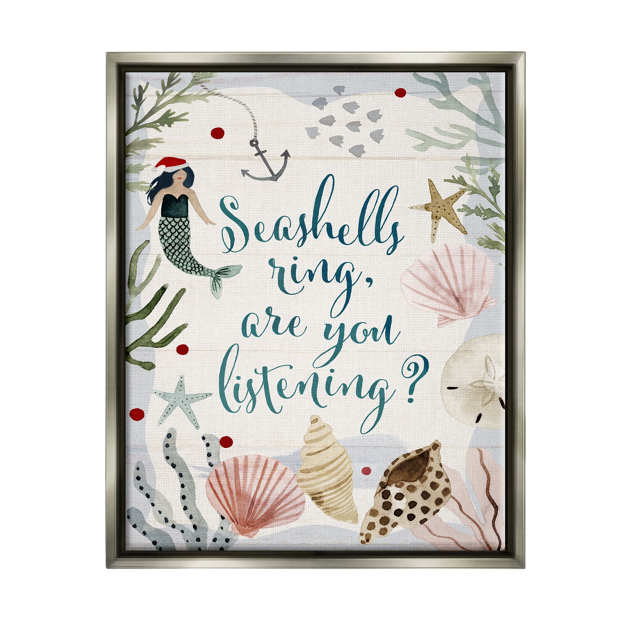 Stupell Industries Seashells Ring, You Listening Phrase Nautical Beach Christmas Luster Gray Framed Floating Canvas Wall Art, 16x20, by Victoria Barnes