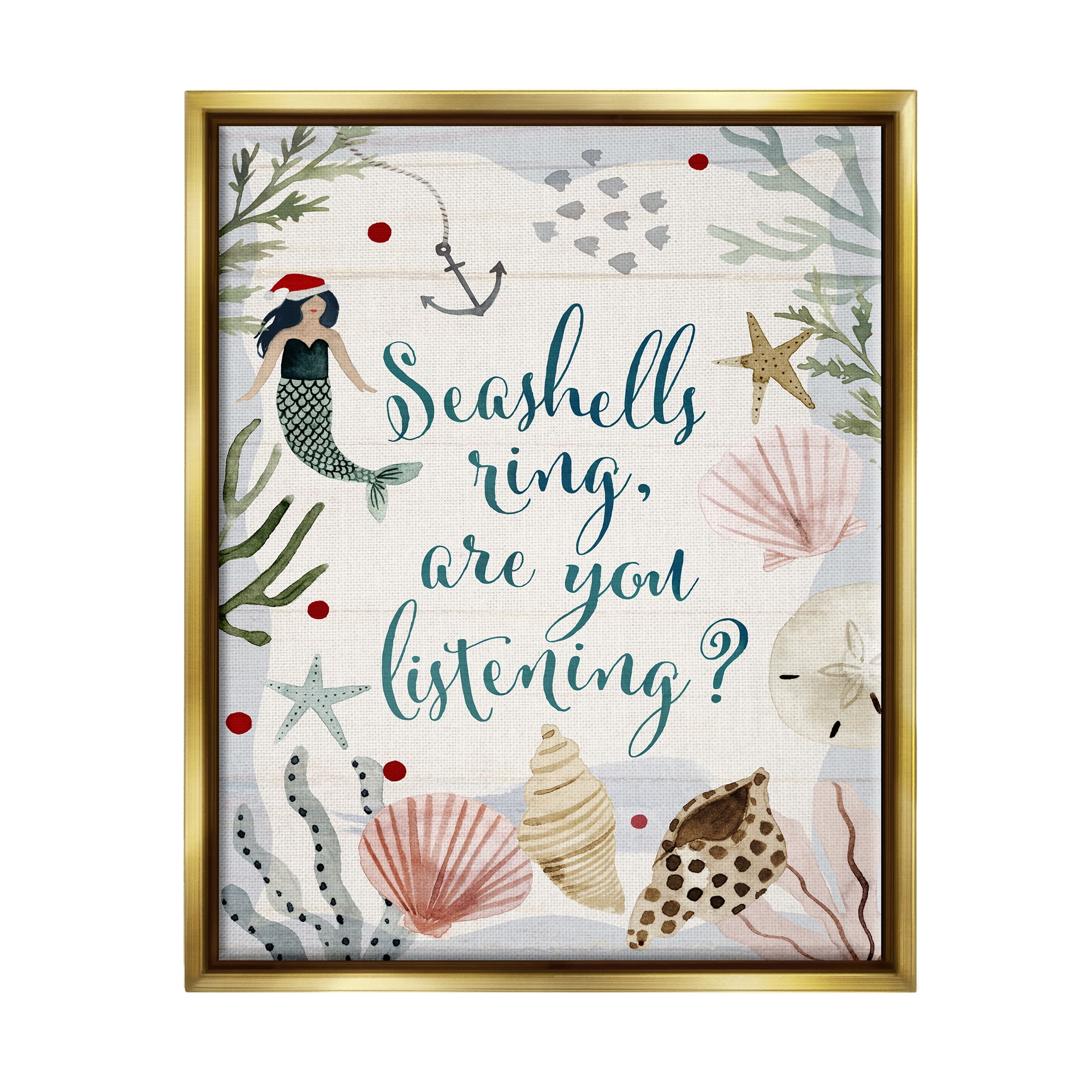 Stupell Industries Seashells Ring, You Listening Phrase Nautical Beach Christmas Metallic Gold Framed Floating Canvas Wall Art, 24x30, by Victoria Barnes