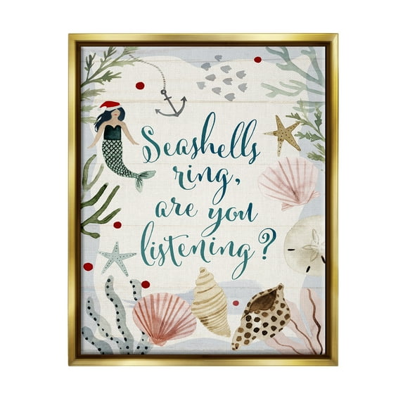Stupell Industries Seashells Ring, You Listening Phrase Nautical Beach Christmas Metallic Gold Framed Floating Canvas Wall Art, 24x30, by Victoria Barnes