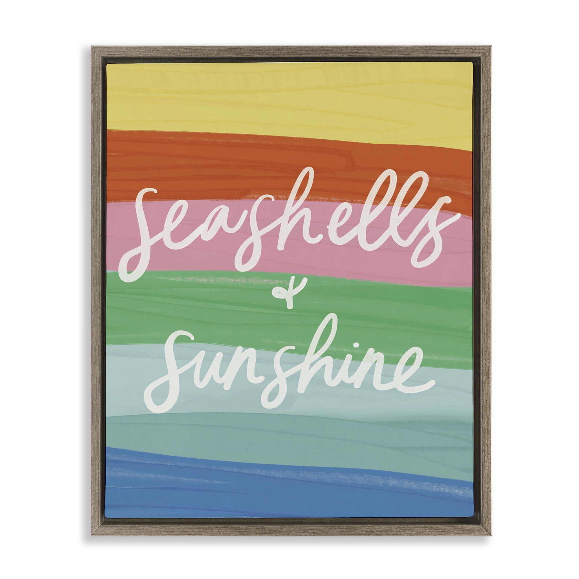 Stupell Industries Seashells & Sunshine on Rainbow Text & Numbers Painting Brown Floater Framed Canvas Art Print Wall Art, 25 x 31