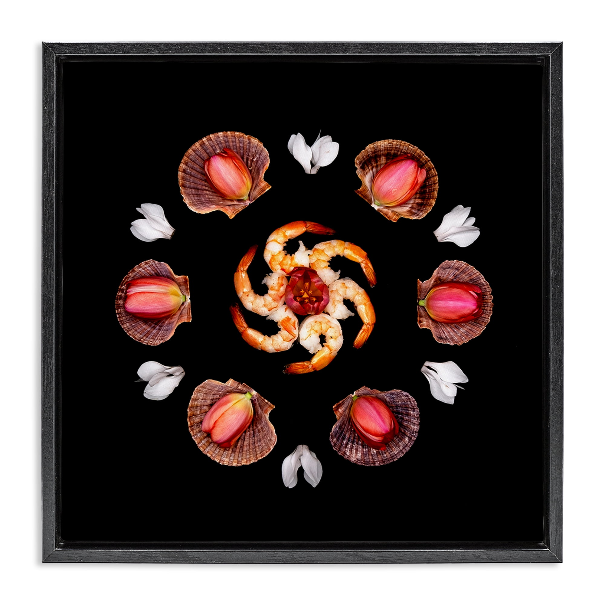 Stupell Industries Seashells & Tulips Symmetry Black Framed Floater Canvas Wall Art, design by Beth Adoette