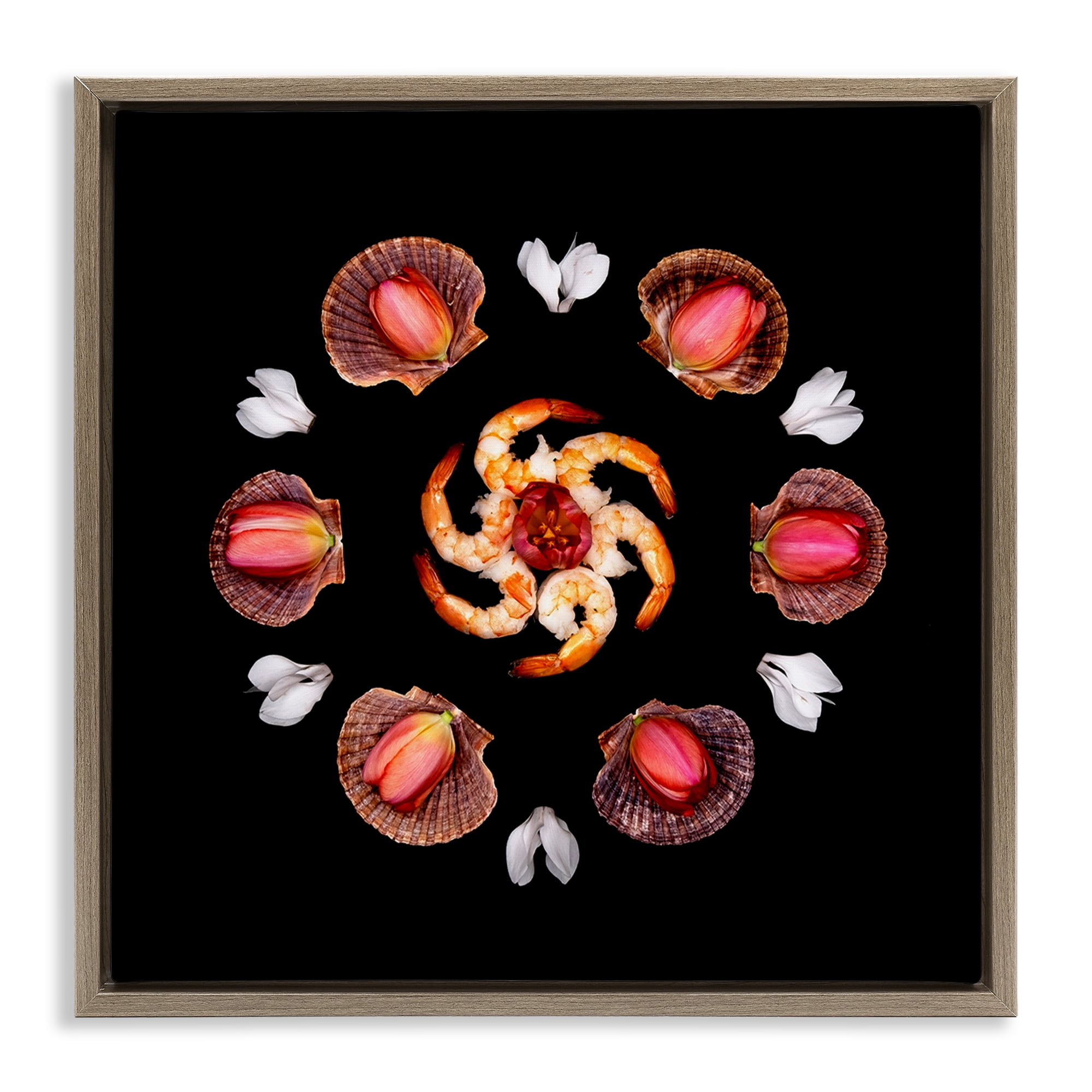 Stupell Industries Seashells & Tulips Symmetry Brown Framed Floater Canvas Wall Art, design by Beth Adoette