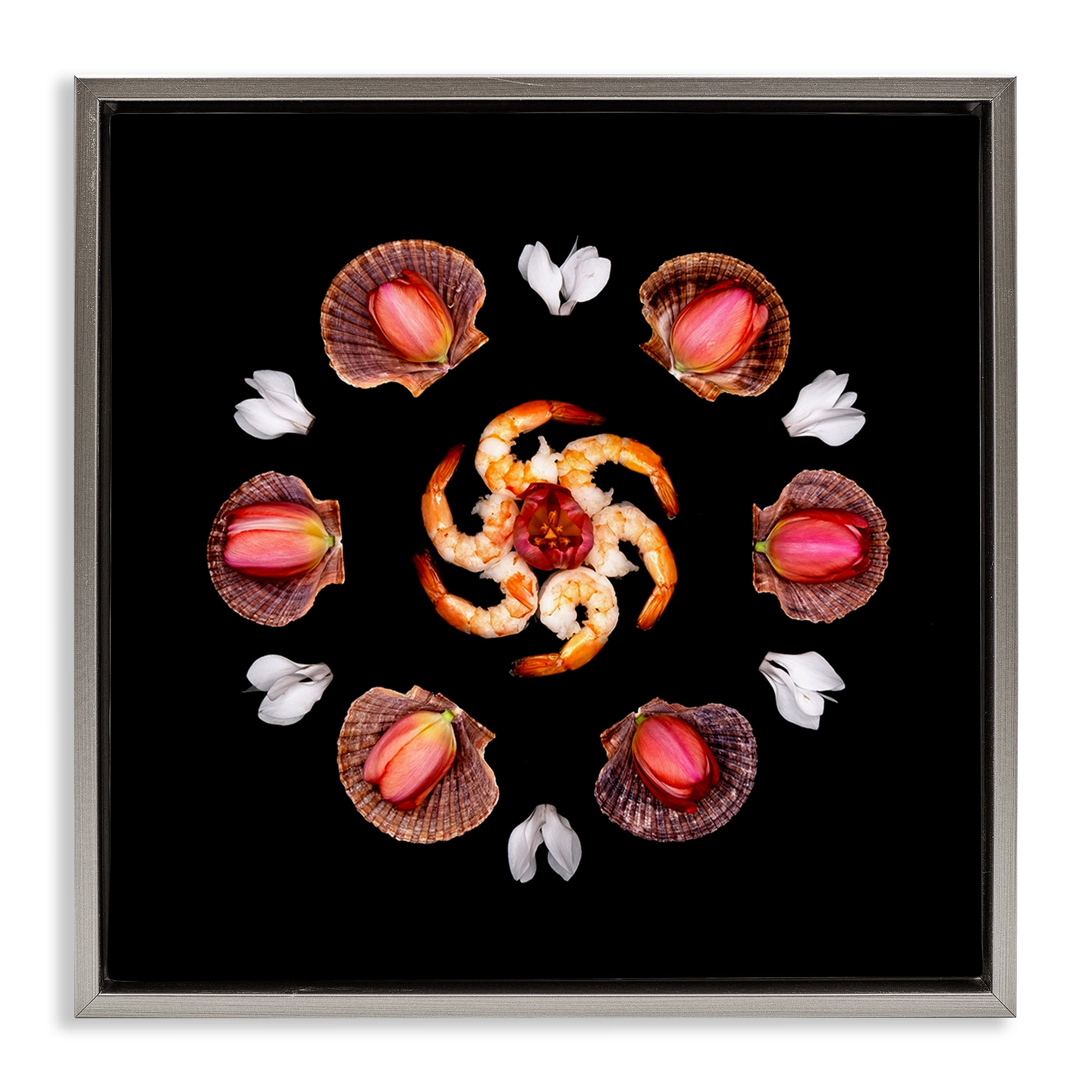 Stupell Industries Seashells & Tulips Symmetry Gray Framed Floater Canvas Wall Art, design by Beth Adoette