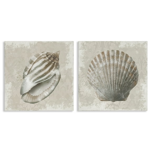 Stupell Industries Seashells over Subtle Damask Animals Painting Wrapped Canvas Canvas Art Print Wall Art, 17 x 17, Set of 2