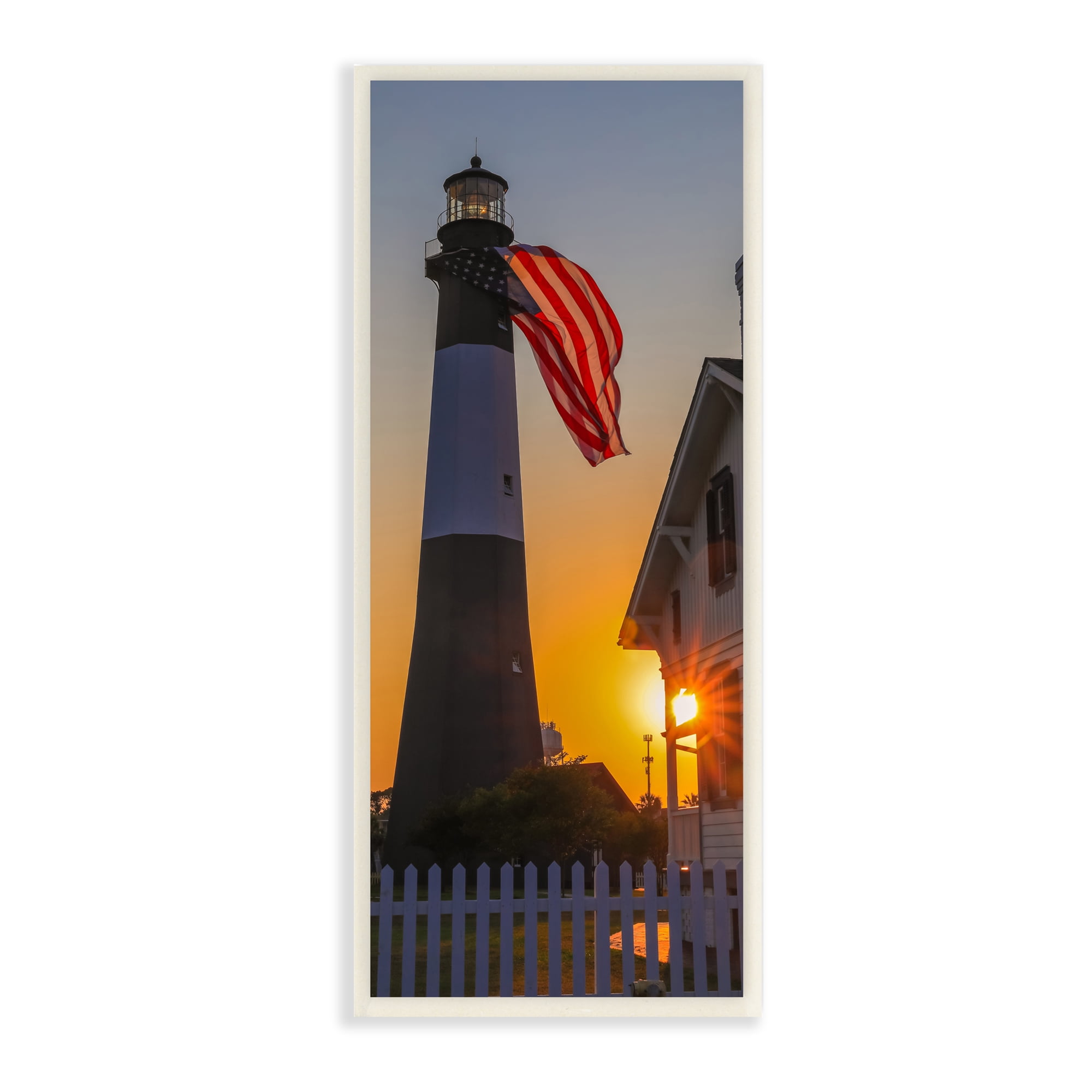 Stupell Industries Seaside American Flag Lighthouse Beacon Sunset Rays Wood Wall Art, 7 x 17, Design by Devon Davis