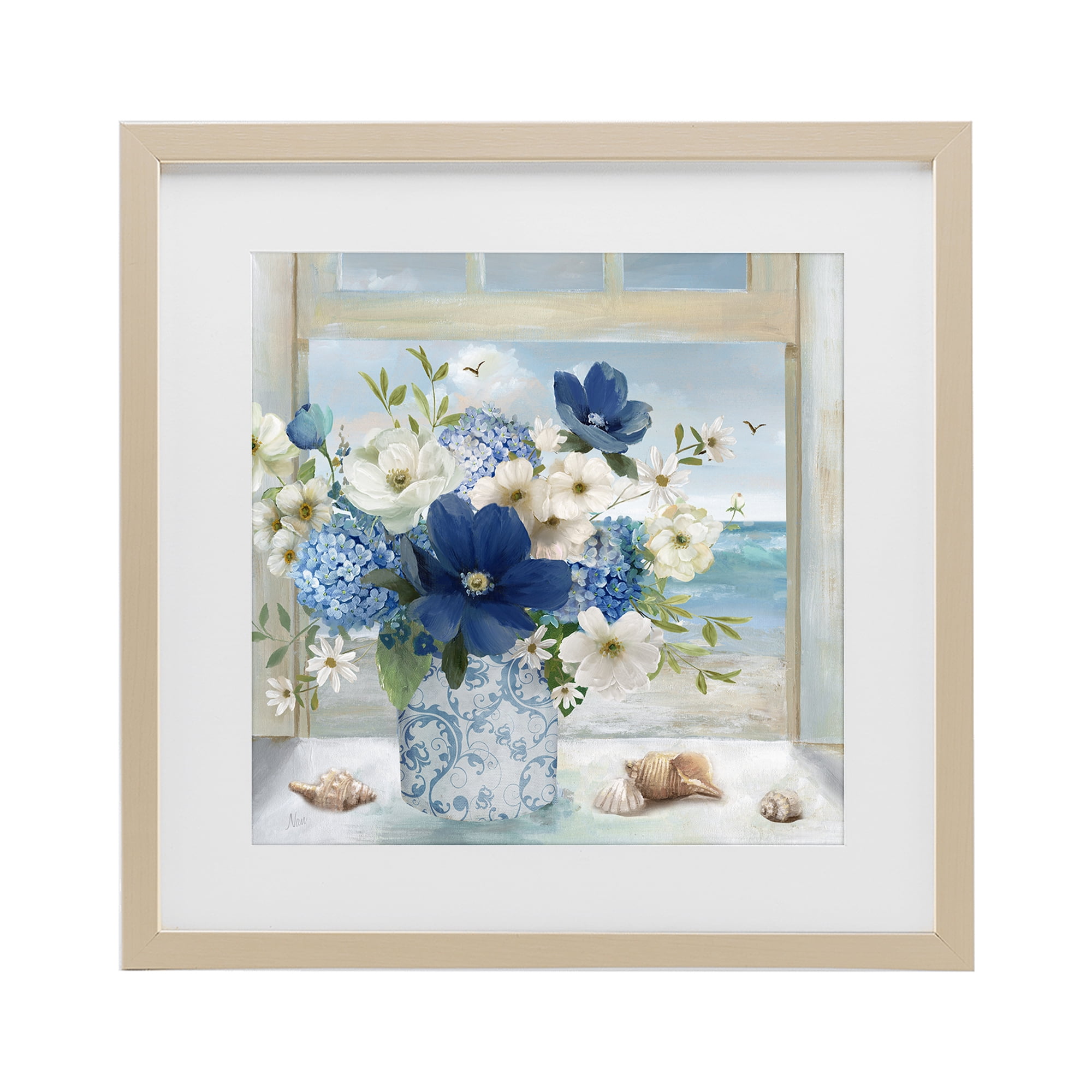 Stupell Industries Seaside Blue & White Arrangement Birch Framed Print Under Glass, design by Nan
