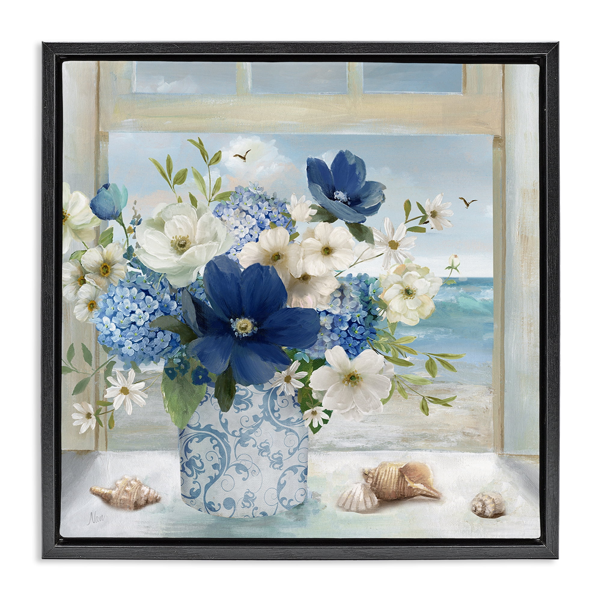 Stupell Industries Seaside Blue & White Arrangement Black Framed Floater Canvas Wall Art, design by Nan