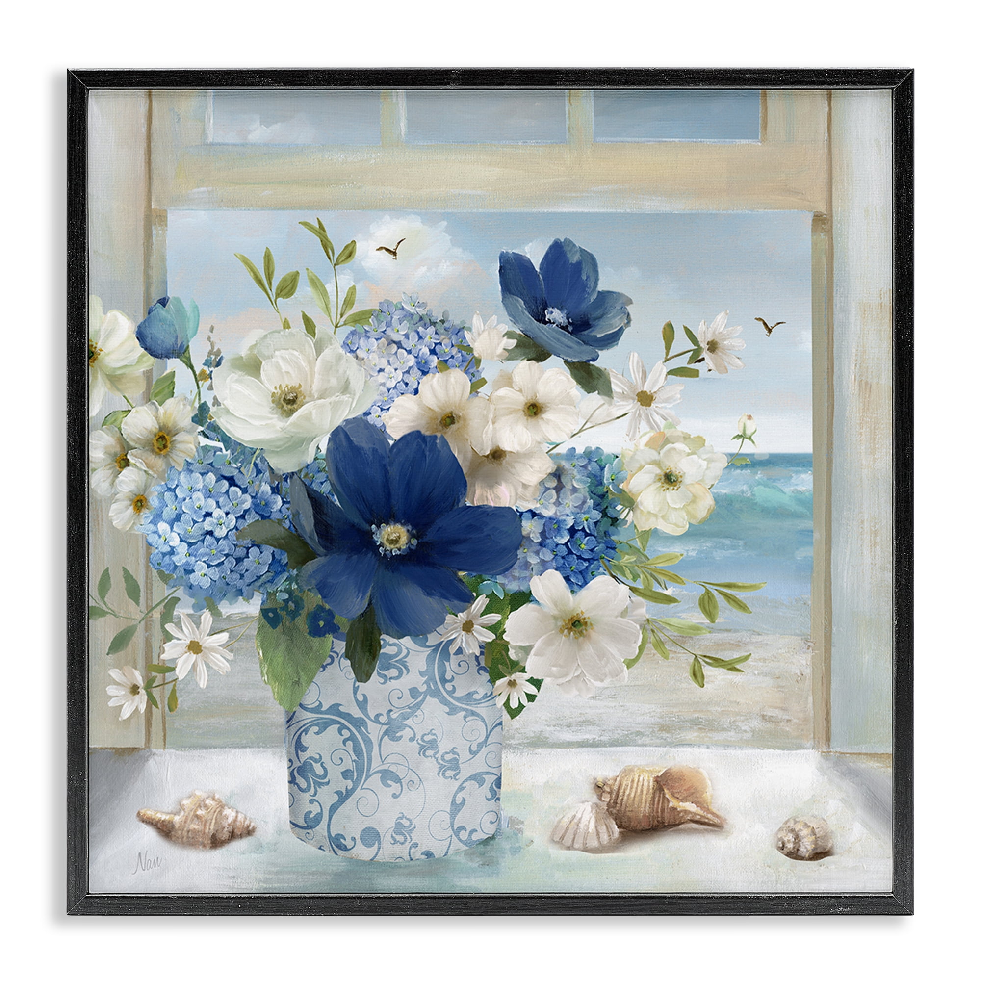 Stupell Industries Seaside Blue & White Arrangement Black Framed Giclee Art, design by Nan