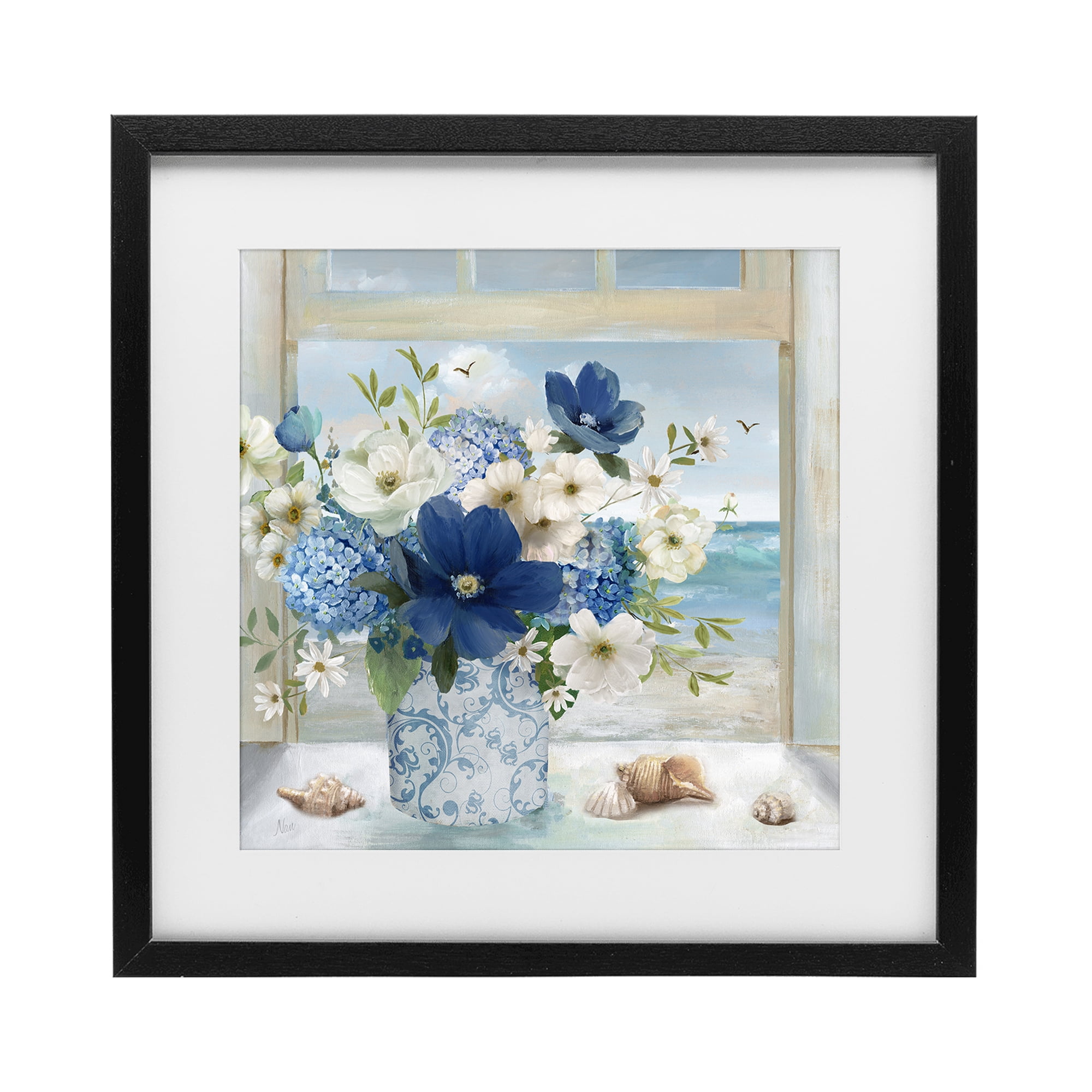 Stupell Industries Seaside Blue & White Arrangement Black Framed Print Under Glass, design by Nan