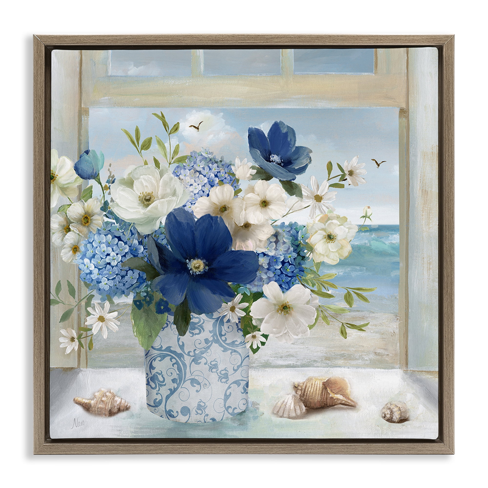 Stupell Industries Seaside Blue & White Arrangement Brown Framed Floater Canvas Wall Art, design by Nan