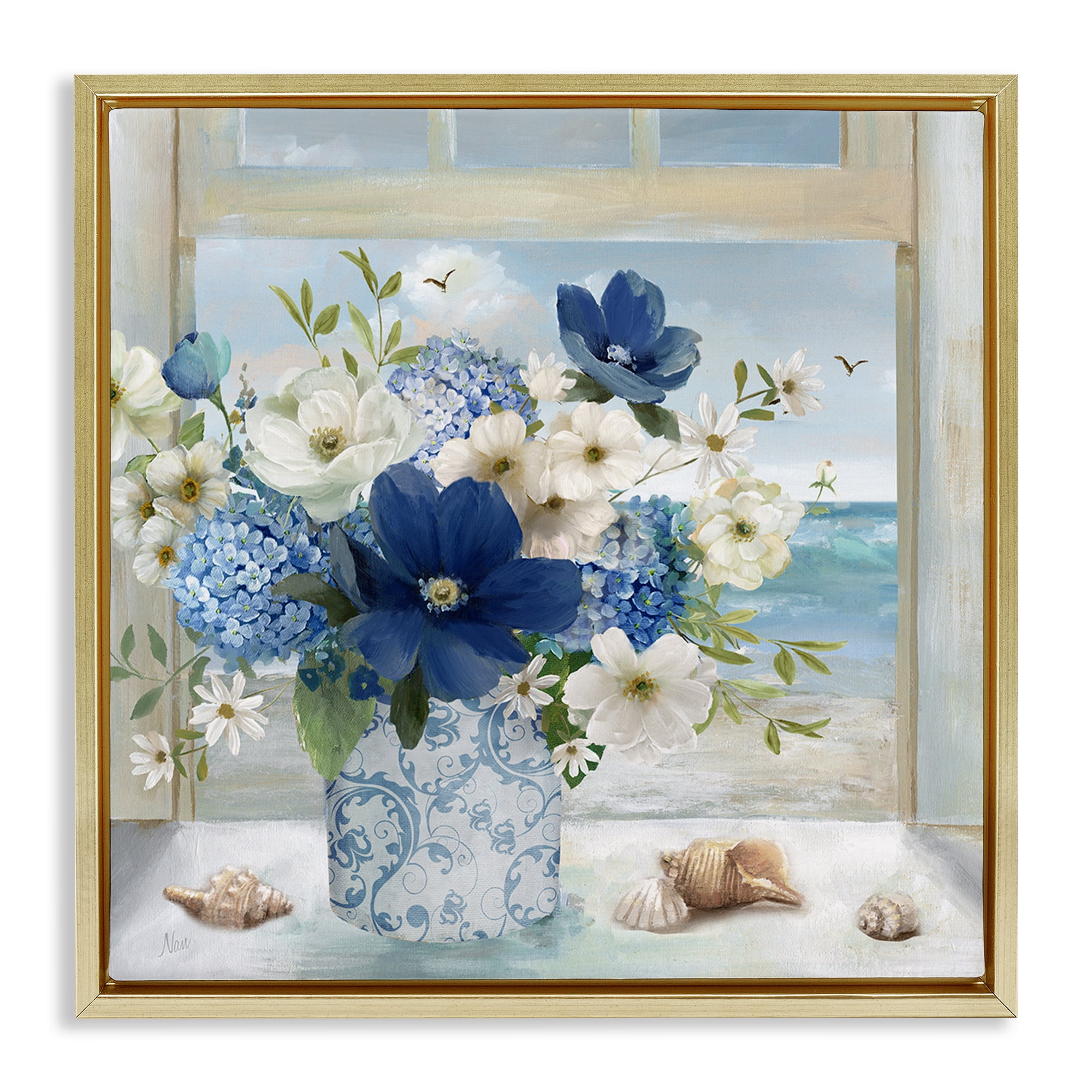 Stupell Industries Seaside Blue & White Arrangement Gold Framed Floater Canvas Wall Art, design by Nan
