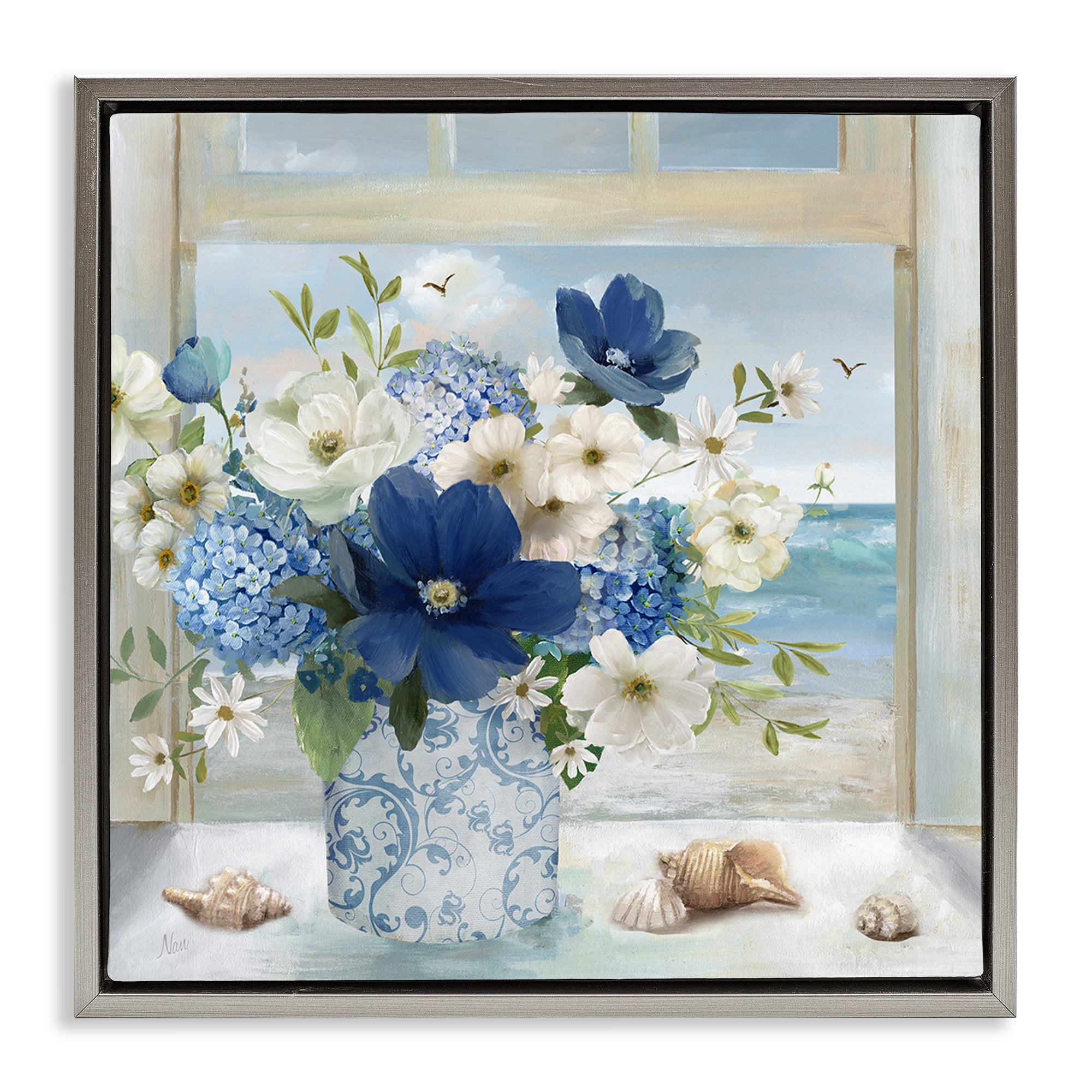 Stupell Industries Seaside Blue & White Arrangement Gray Framed Floater Canvas Wall Art, design by Nan