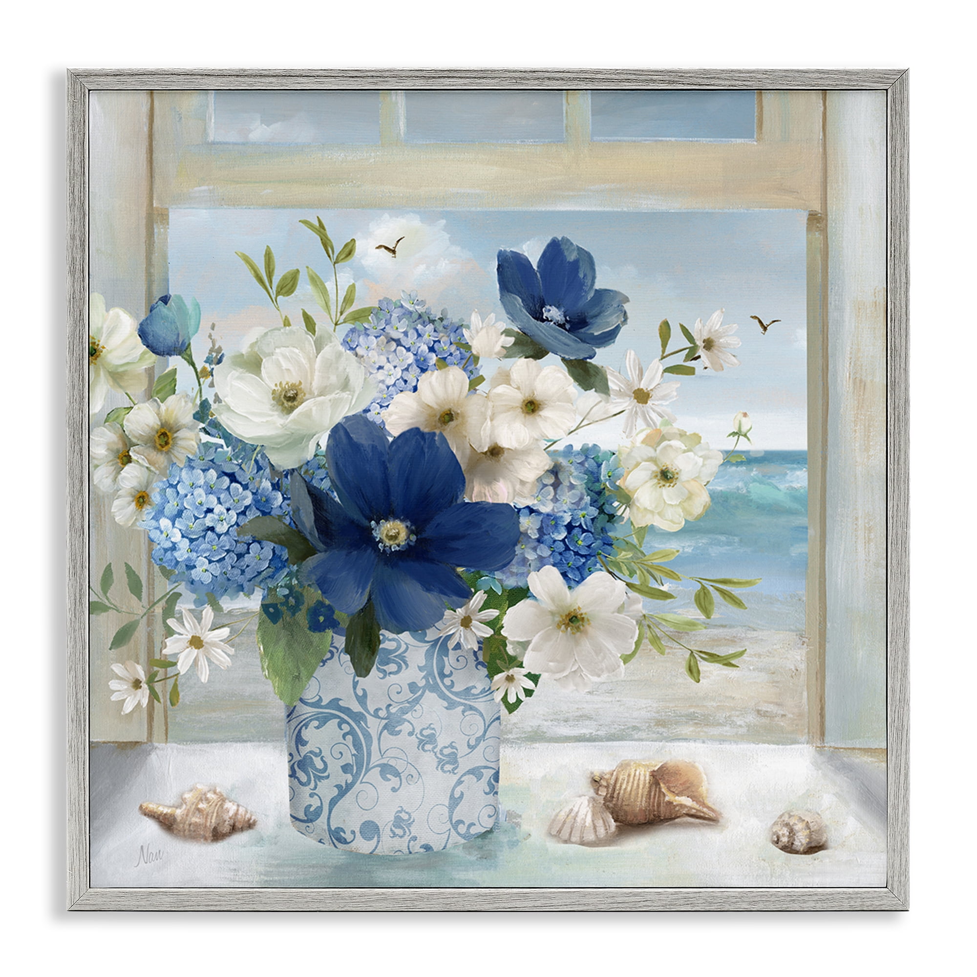Stupell Industries Seaside Blue & White Arrangement Gray Framed Giclee Art, design by Nan