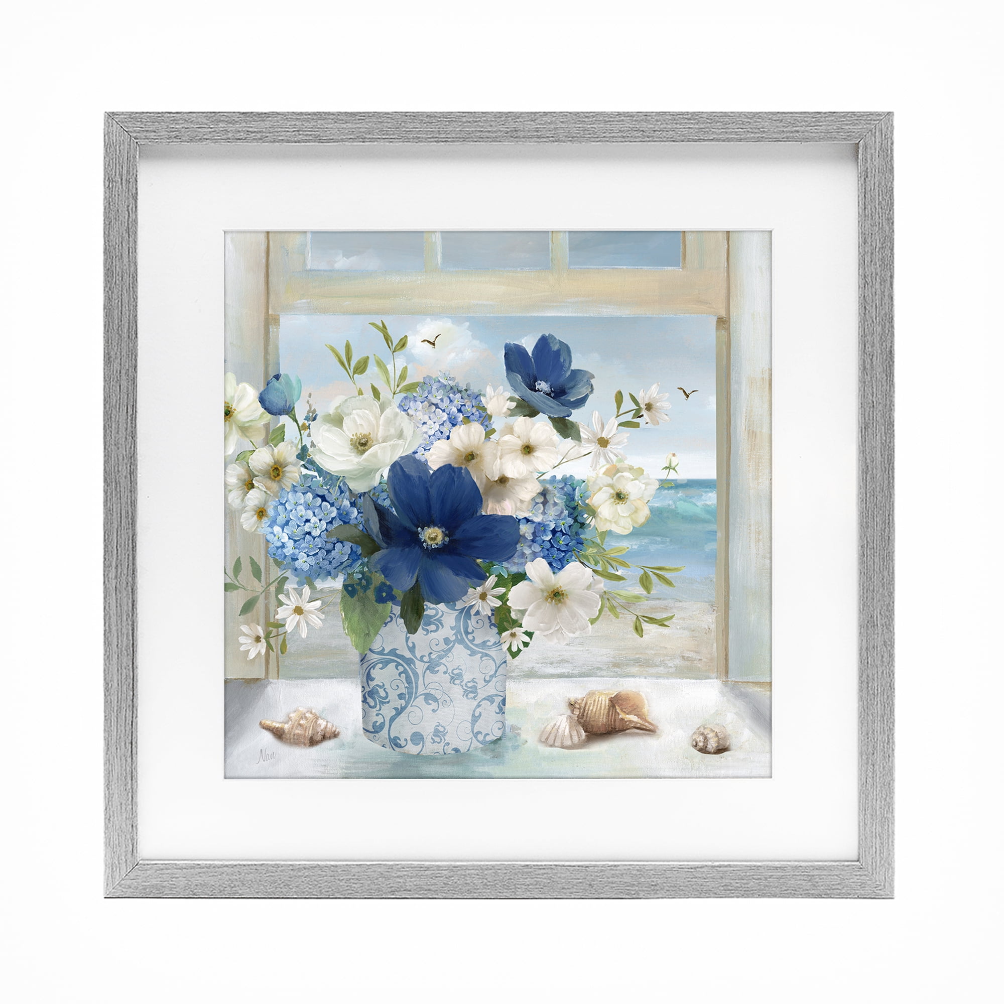 Stupell Industries Seaside Blue & White Arrangement Gray Framed Print Under Glass, design by Nan