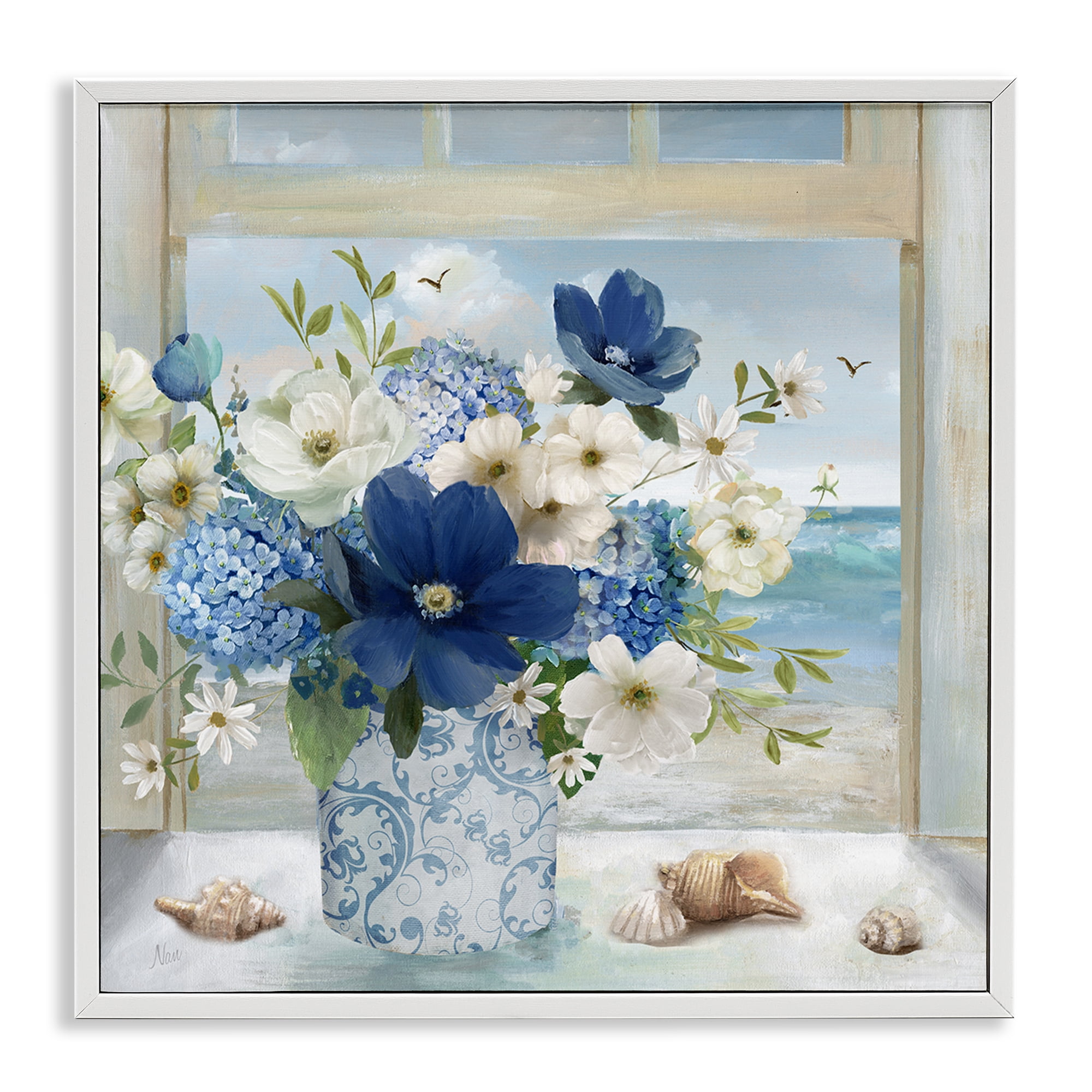 Stupell Industries Seaside Blue & White Arrangement White Framed Giclee Art, design by Nan