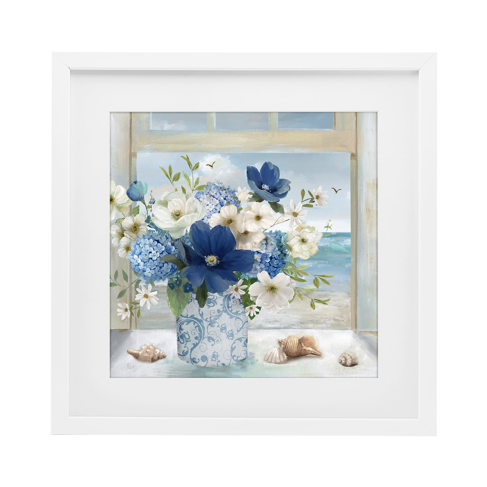 Stupell Industries Seaside Blue & White Arrangement White Framed Print Under Glass, design by Nan