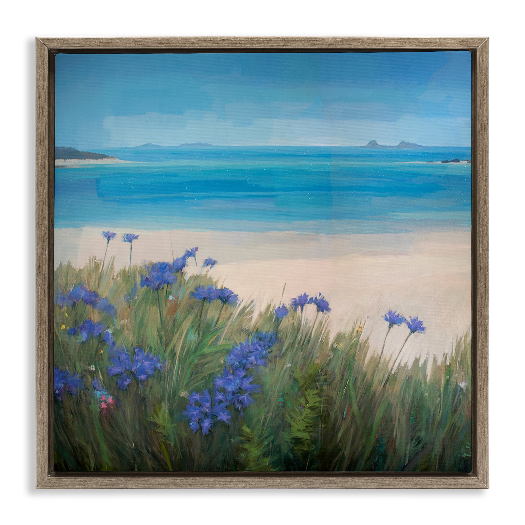 Stupell Industries Seaside Bluebell Flowers Landscape & Nature Painting Brown Floater Framed Canvas Art Print Wall Art, 18 x 18