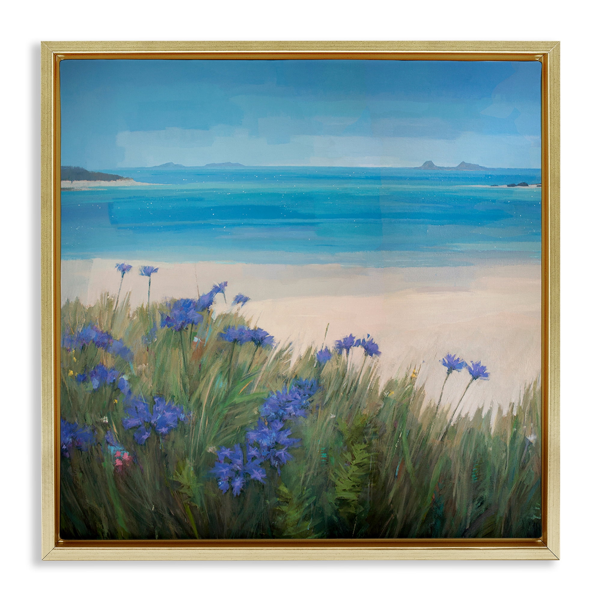 Stupell Industries Seaside Bluebell Flowers Landscape & Nature Painting Gold Floater Framed Canvas Art Print Wall Art, 25 x 25