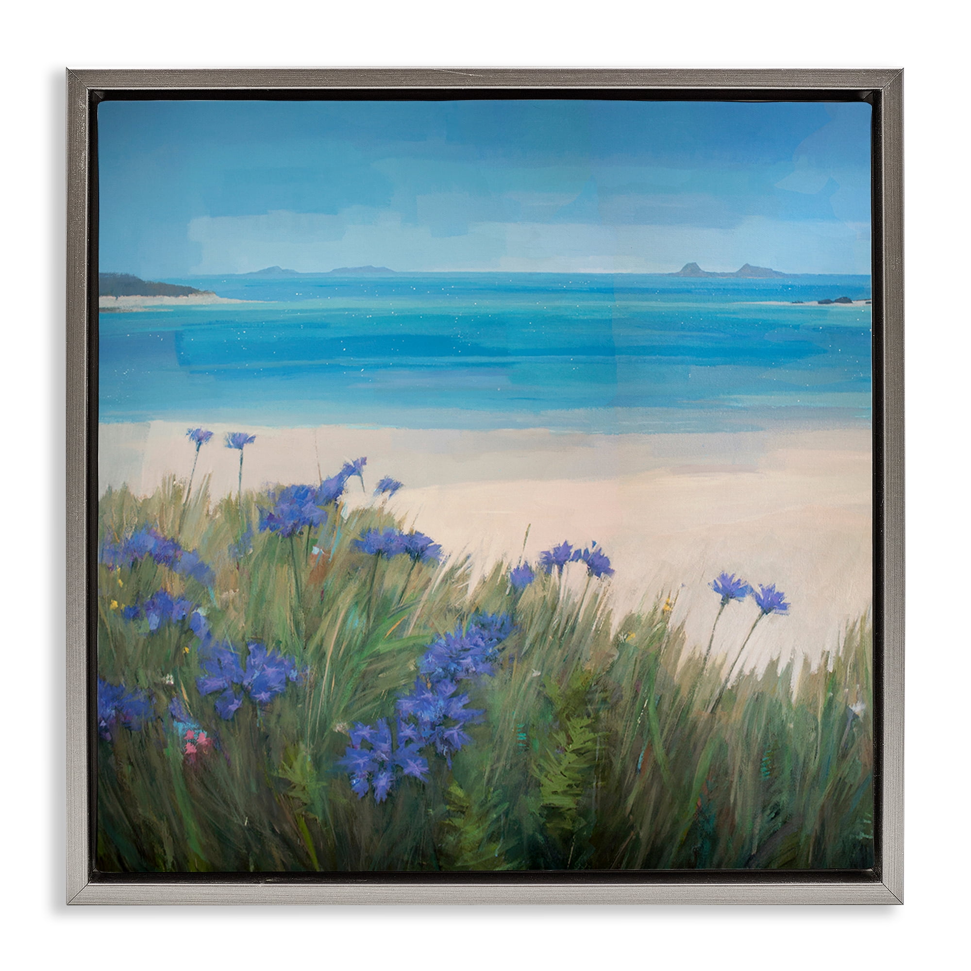 Stupell Industries Seaside Bluebell Flowers Landscape & Nature Painting Gray Floater Framed Canvas Art Print Wall Art, 25 x 25