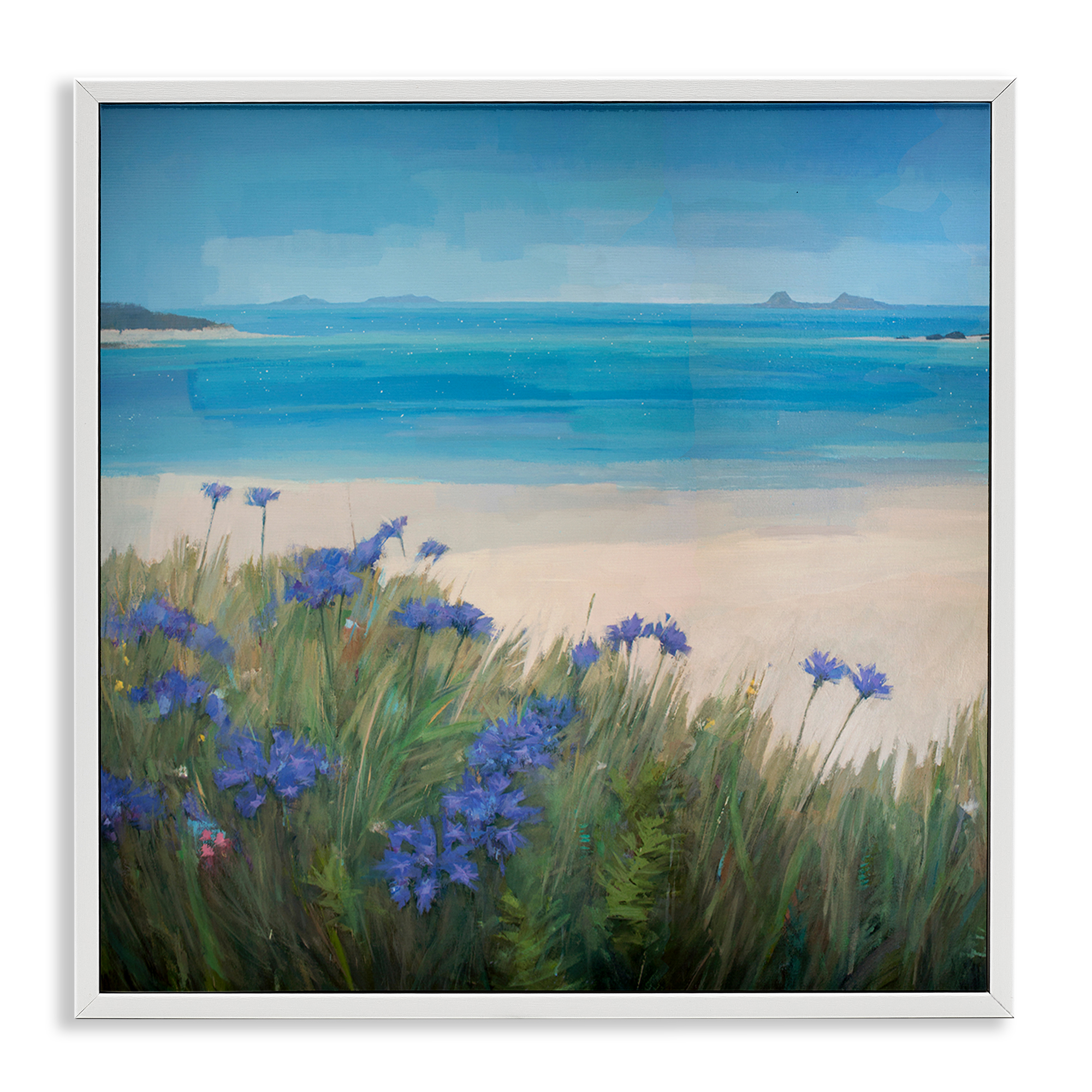 Stupell Industries Seaside Bluebell Flowers Landscape & Nature Painting White Framed Art Print Wall Art, 17 x 17