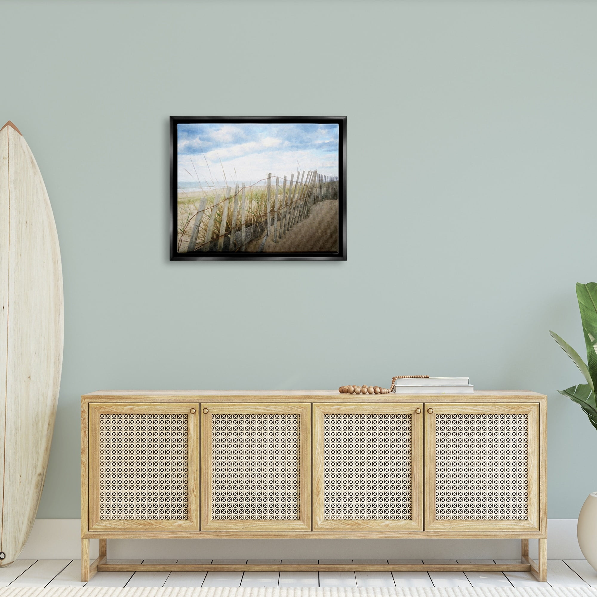 Stupell Industries Seaside Boardwalk Ocean Sand Fence Beach Grass Graphic Art Jet Black Floating Framed Canvas Print Wall Art, Design by Graffitee Studios