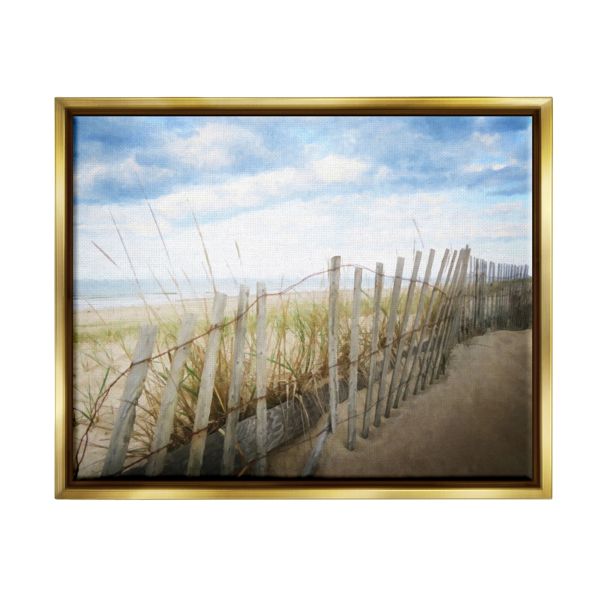 Stupell Industries Seaside Boardwalk Ocean Sand Fence Beach Grass Graphic Art Metallic Gold Floating Framed Canvas Print Wall Art, Design by Graffitee Studios