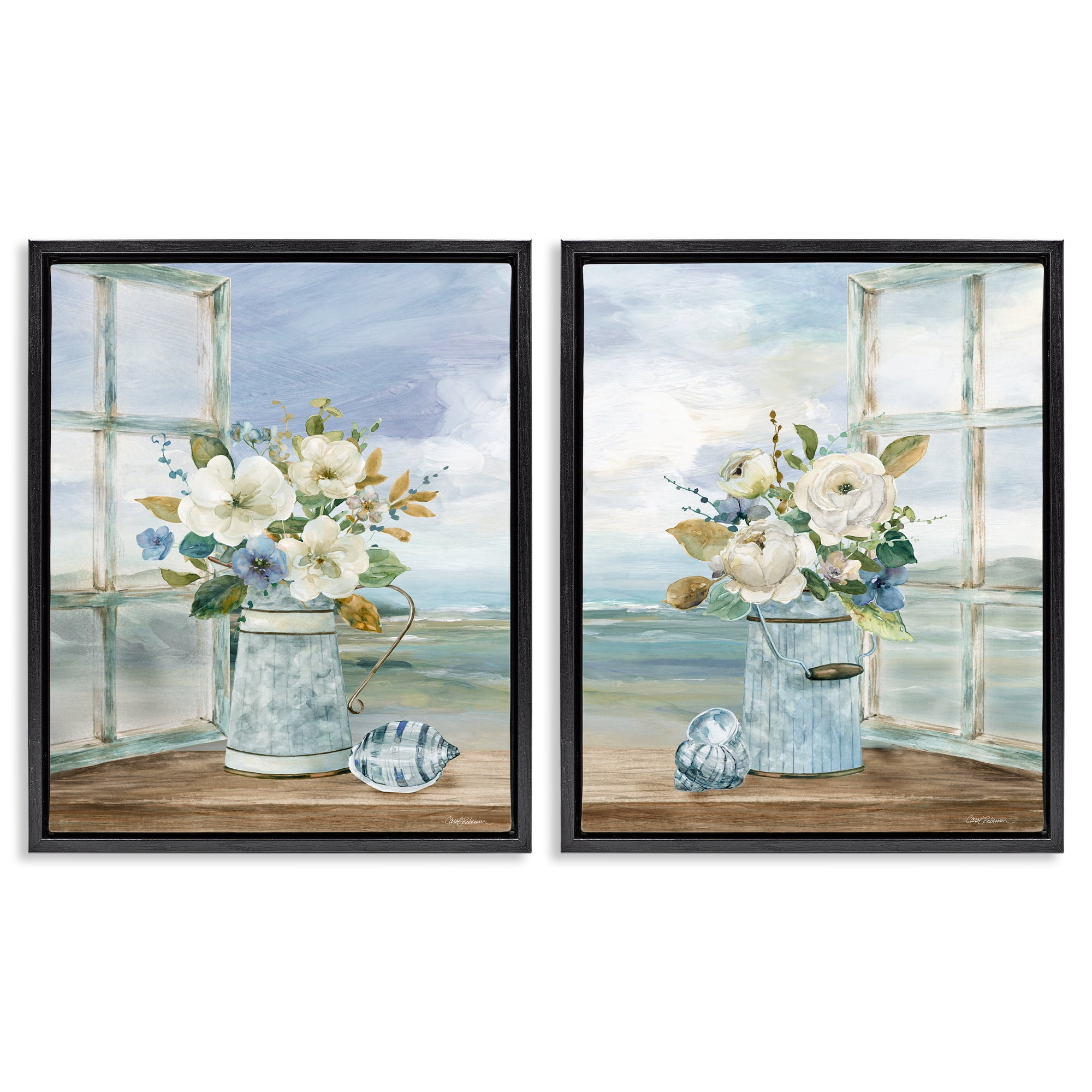 Stupell Industries Seaside Bouquets in Window 2 Piece Black Framed Floater Canvas Set, design by Carol Robinson