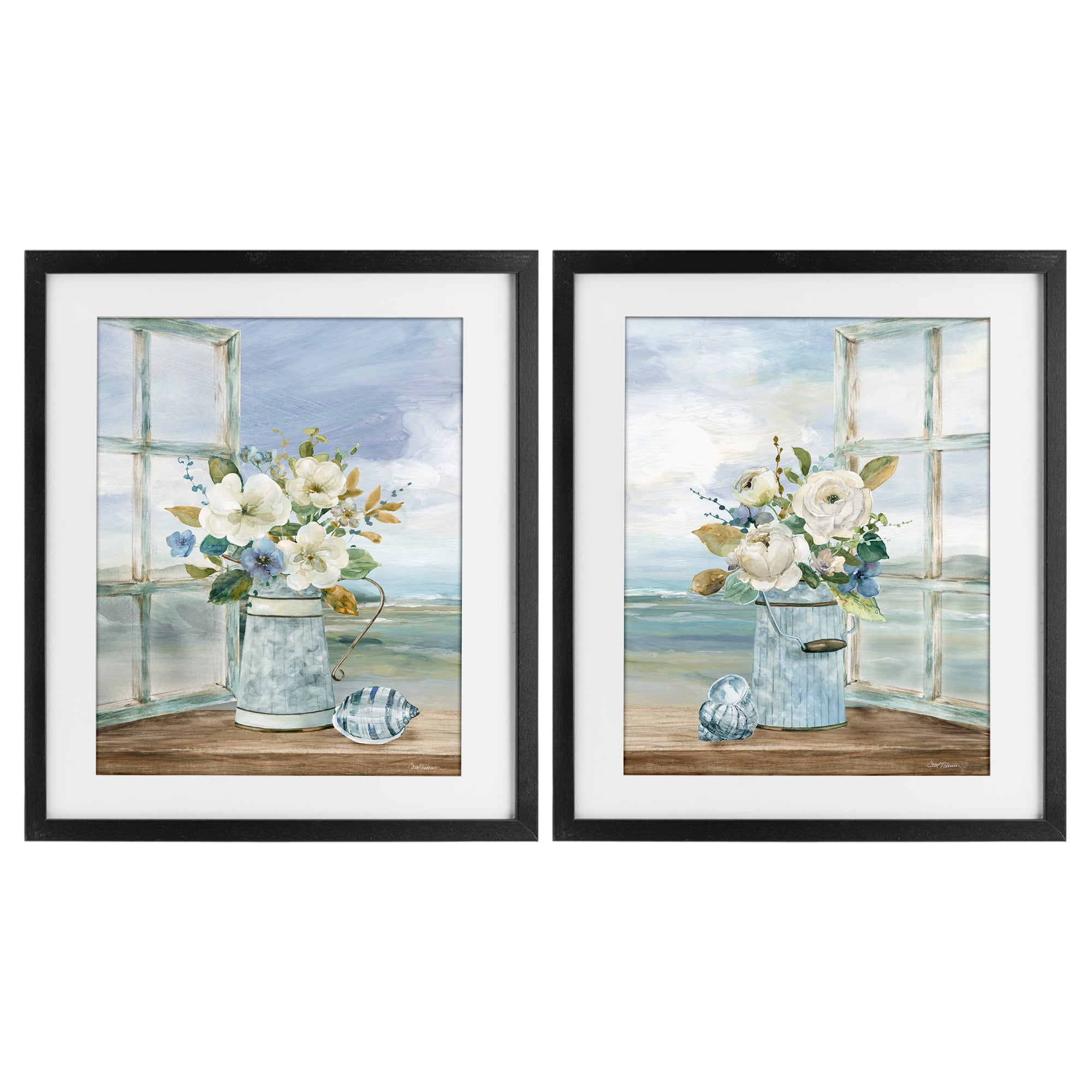 Stupell Industries Seaside Bouquets in Window 2 Piece Black Framed Print Under Glass Set, design by Carol Robinson