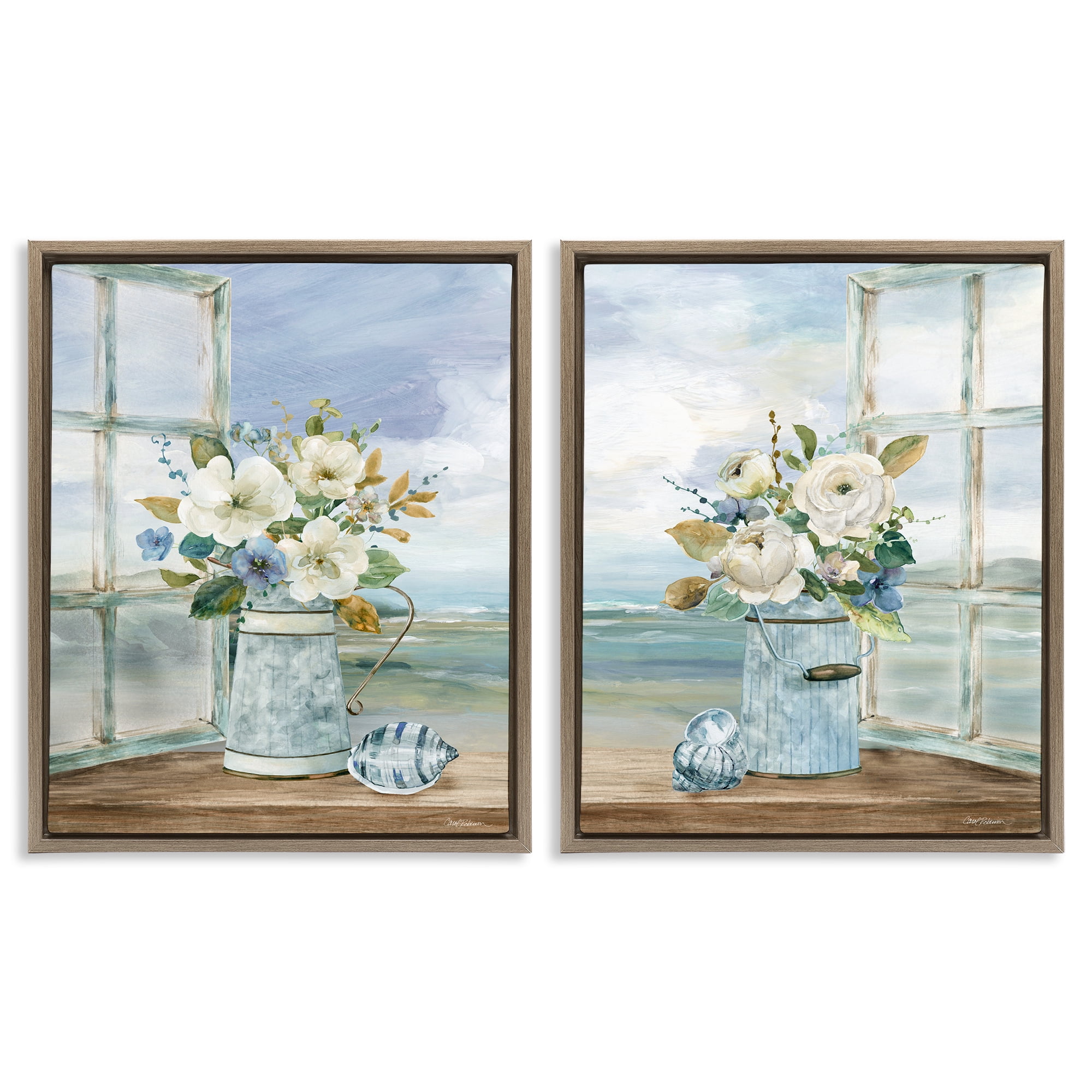 Stupell Industries Seaside Bouquets in Window 2 Piece Brown Framed Floater Canvas Set, design by Carol Robinson