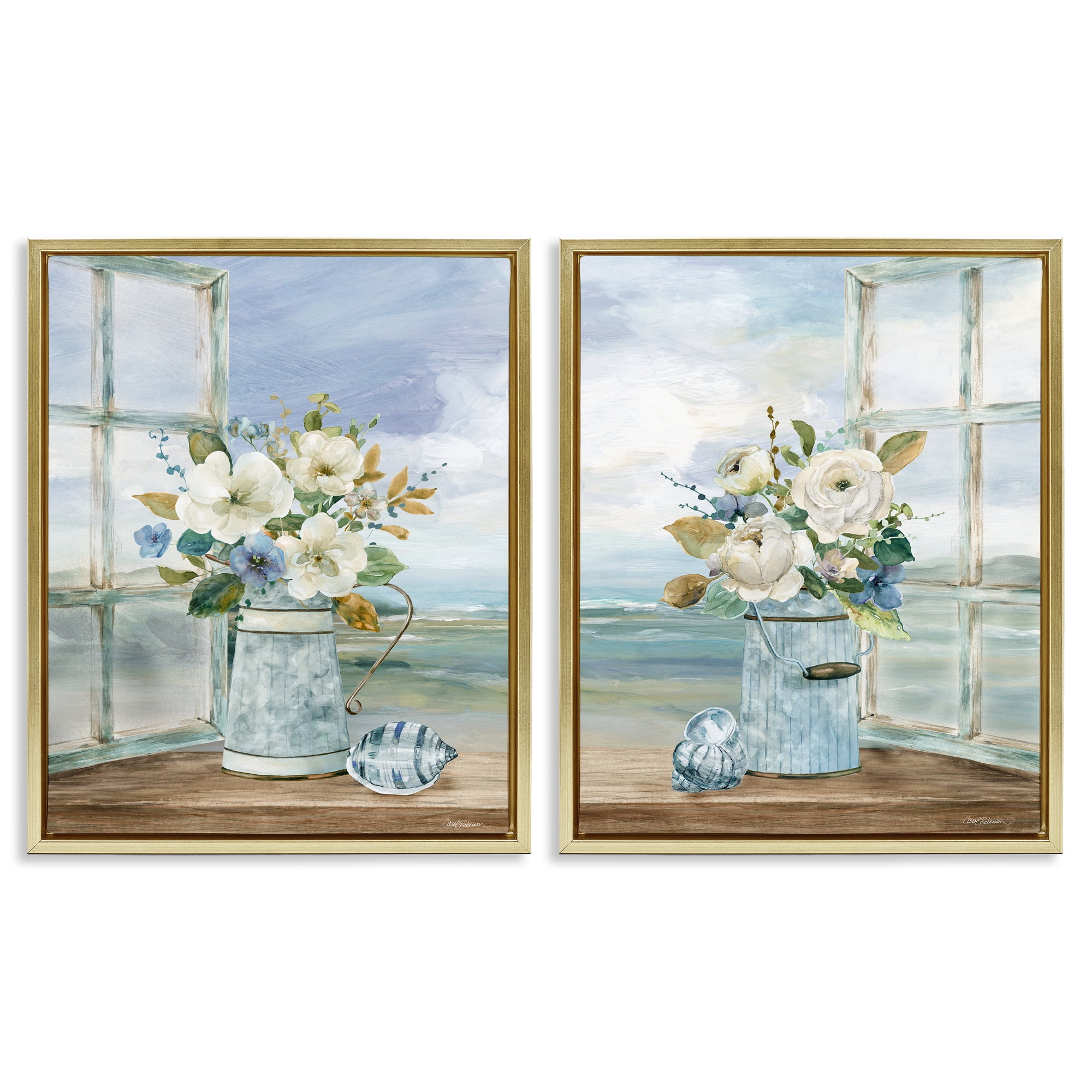 Stupell Industries Seaside Bouquets in Window 2 Piece Gold Framed Floater Canvas Set, design by Carol Robinson
